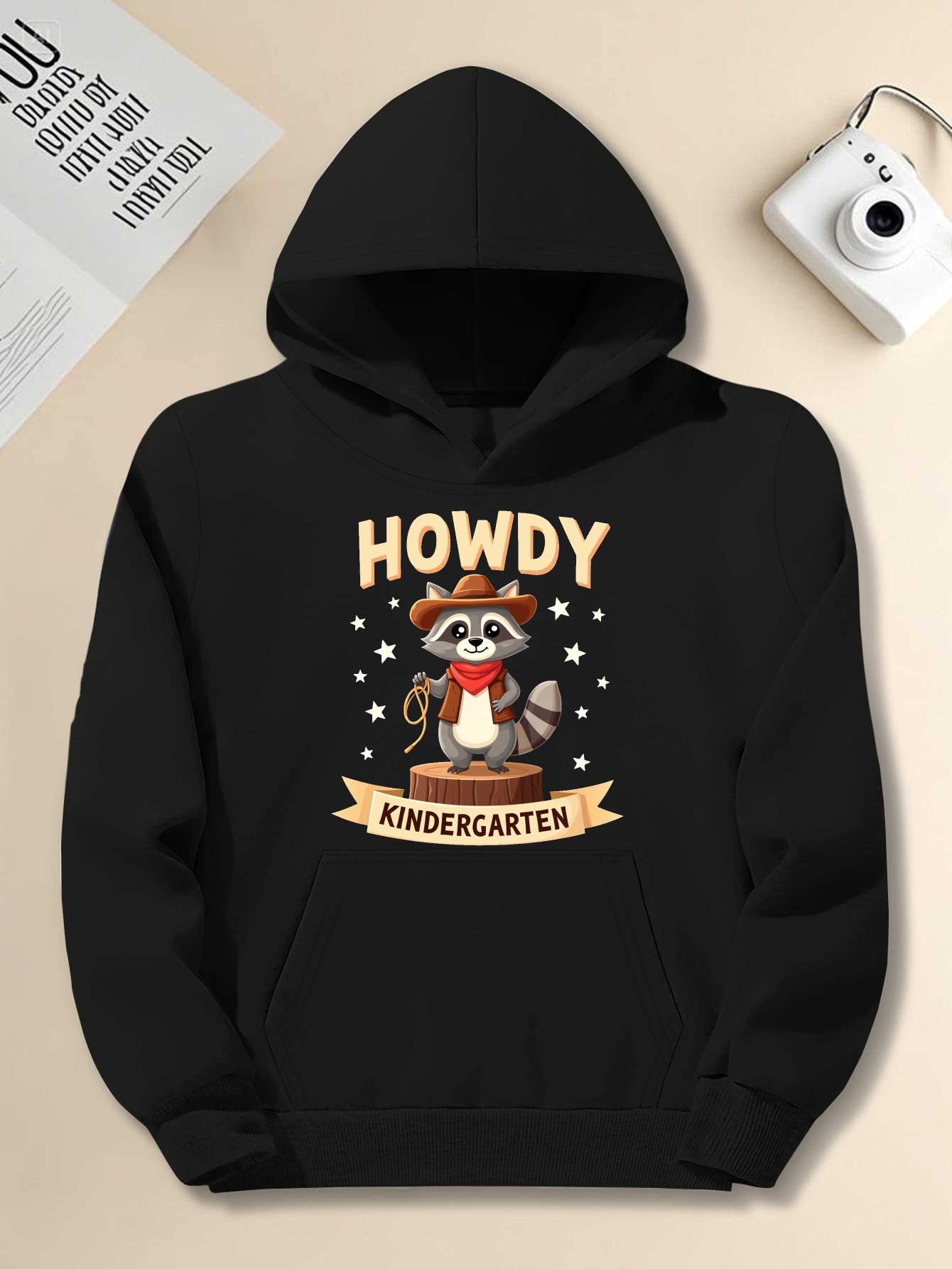Men's Plus Size Hoodie - Howdy Kindergarten Raccoon Cowboy Graphic Pullover |   Loose Fit Long Sleeve Sweatshirt for Teachers, Casual Wear & Themed Events, Machine Washable