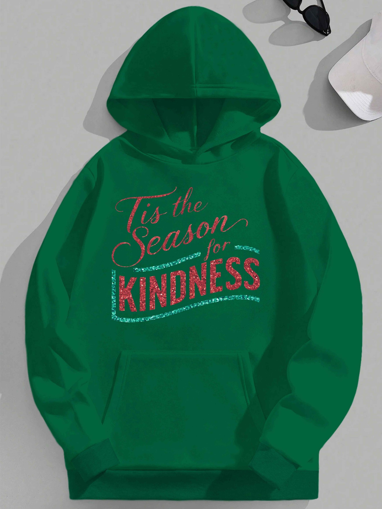 Men's Casual Hooded Sweatshirt with 'Tis the Season for KINDNESS' Print, 100% Polyester Knit Fabric, Loose Fit, Non-Stretch, Plus Size JPH-9