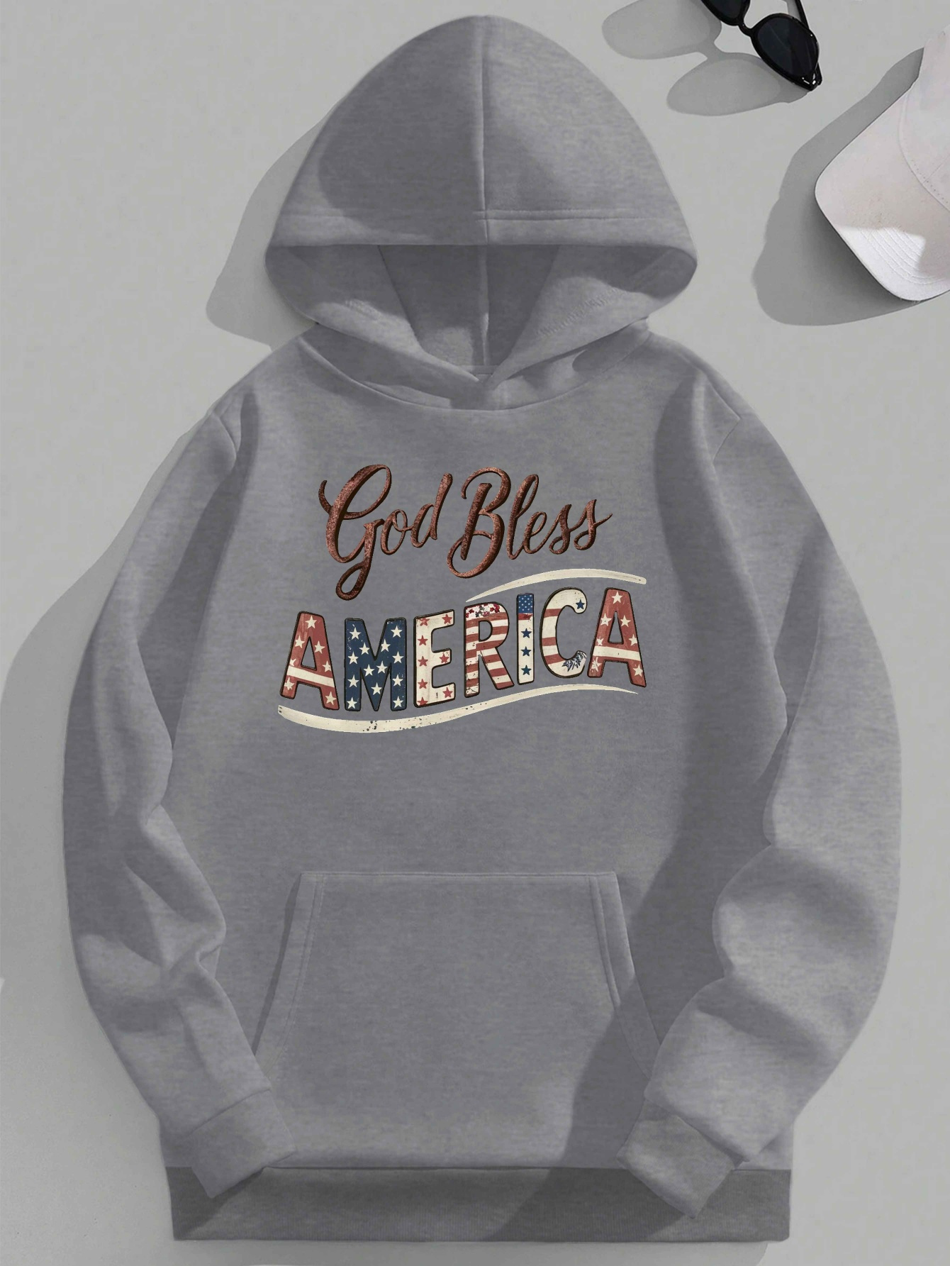 Patriotic 'God Bless America' Plus Size Men's Hooded Sweatshirt - Polyester, Machine Washable, JPH-9, PLUS SIZE