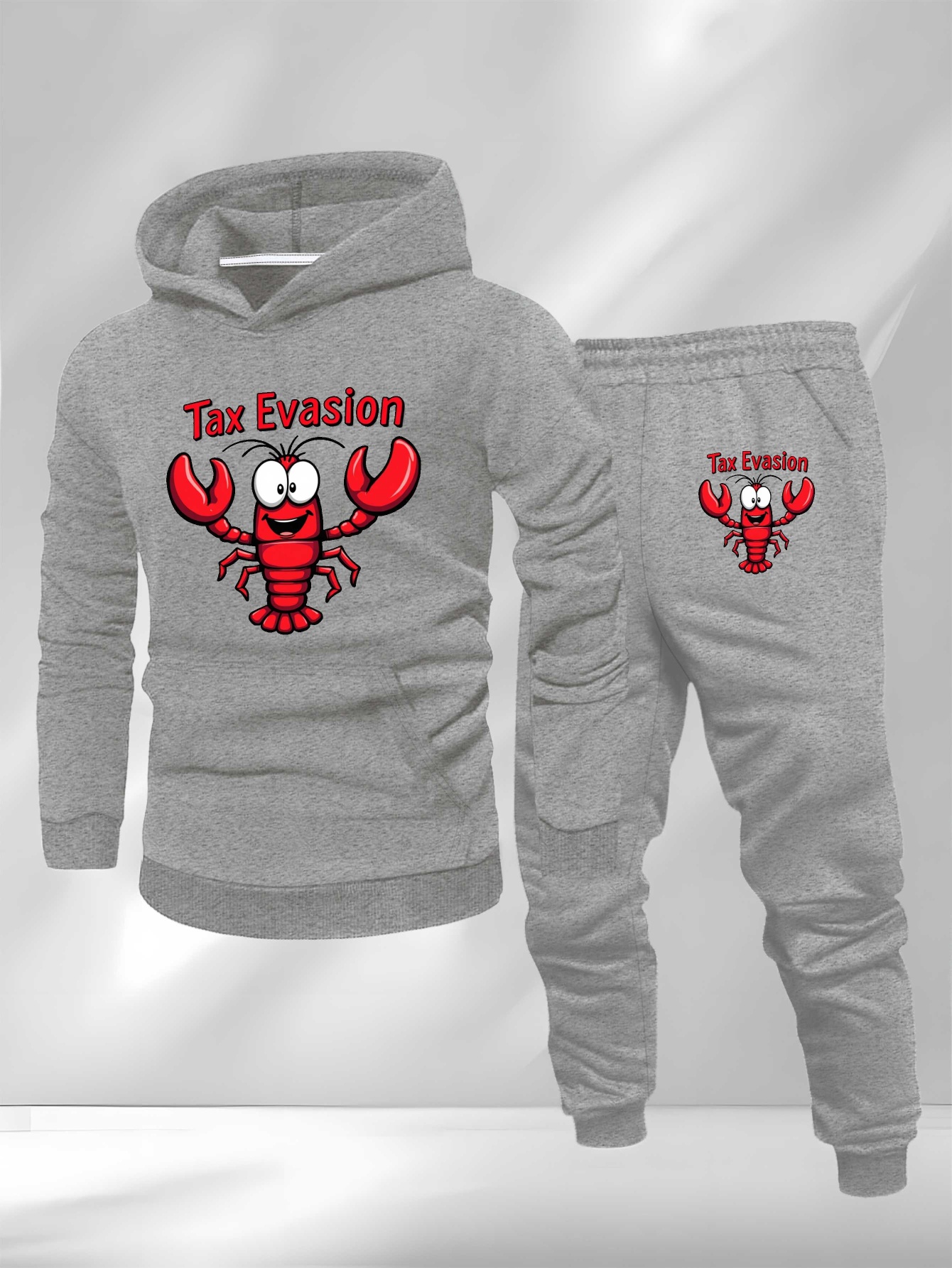 Tax Evasion Lobster Cartoon Humor Large Size Men's Sweatshirt Suit, Plus Size, Lounge Suit, Humorous Outfit, Cartoon Print, Funny Design, Breathable Fabric, Easy Care, Oversized Fit, Humor Lovers, Big And Tall