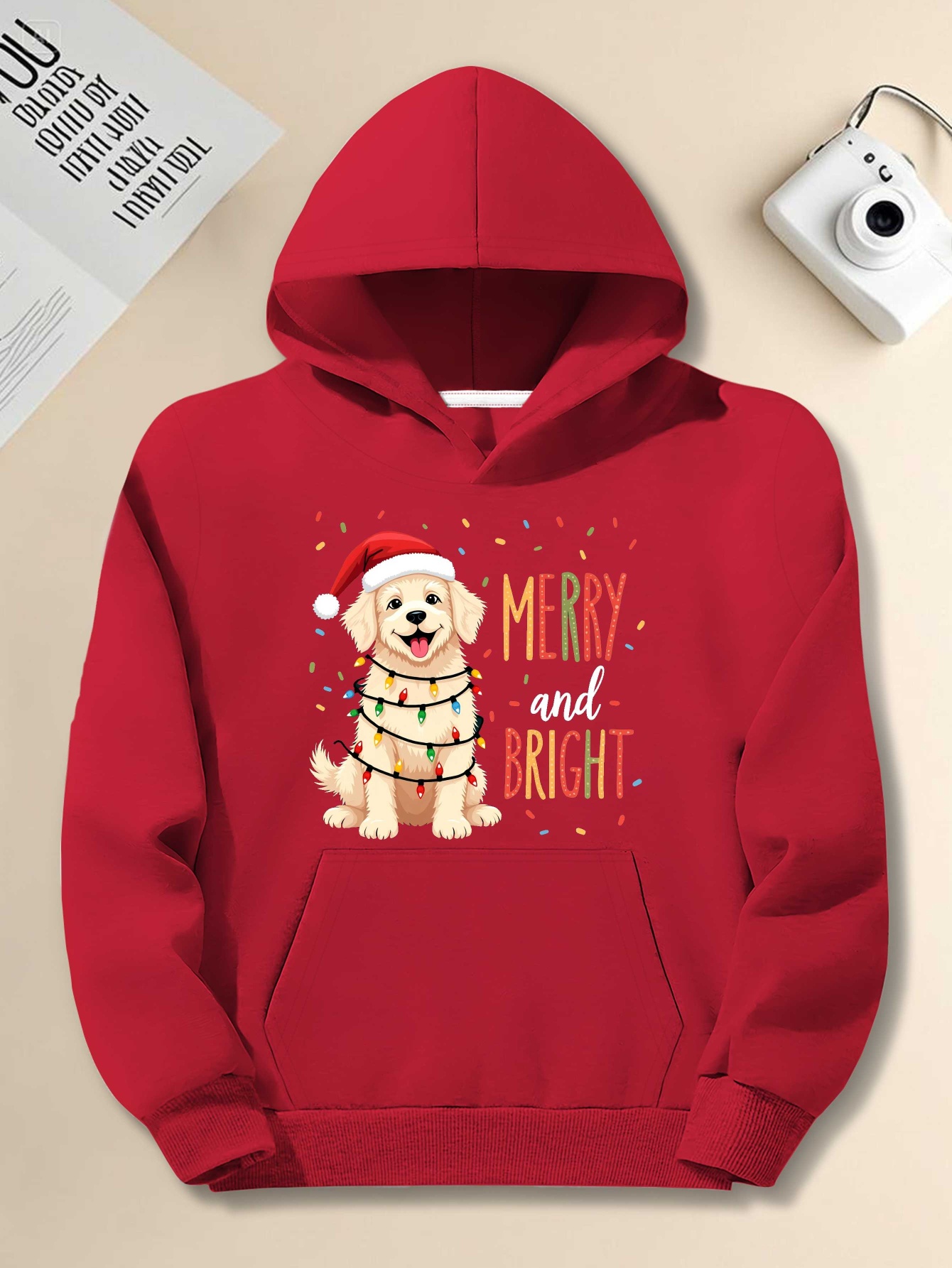 Men's Plus Size Christmas Hoodie - Merry & Bright Golden Retriever Pullover with Jingle Collar, Relaxed Fit Long Sleeve Casual Sweater, Holiday Party & Everyday Wear, Machine Washable