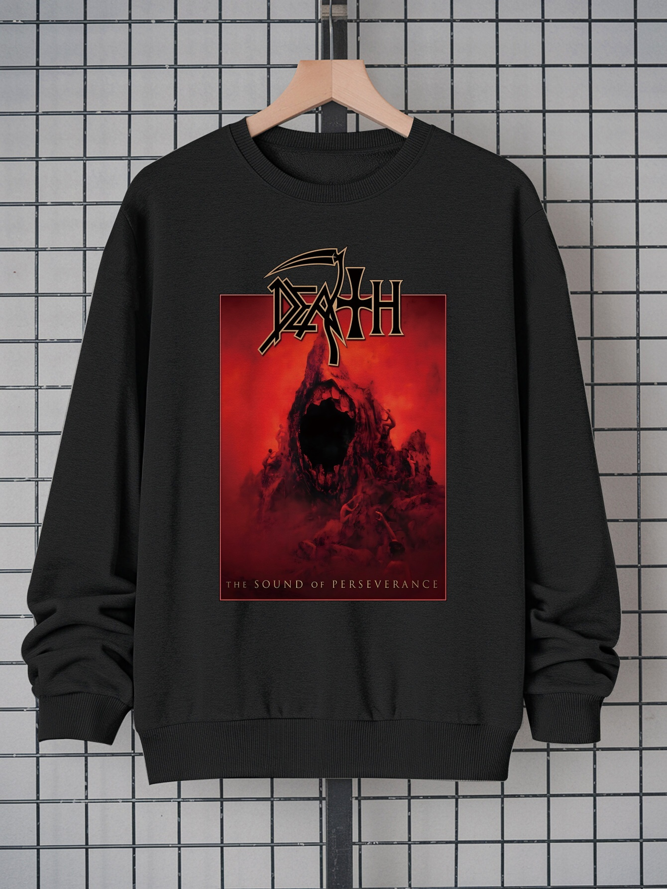 Men's DEATH Graphic Sweatshirt - Giant Open-Mouth Mountain Print |   100% Polyester Casual Streetwear Long Sleeve Crew Neck Pullover, Soft & Machine Washable Fashion Top