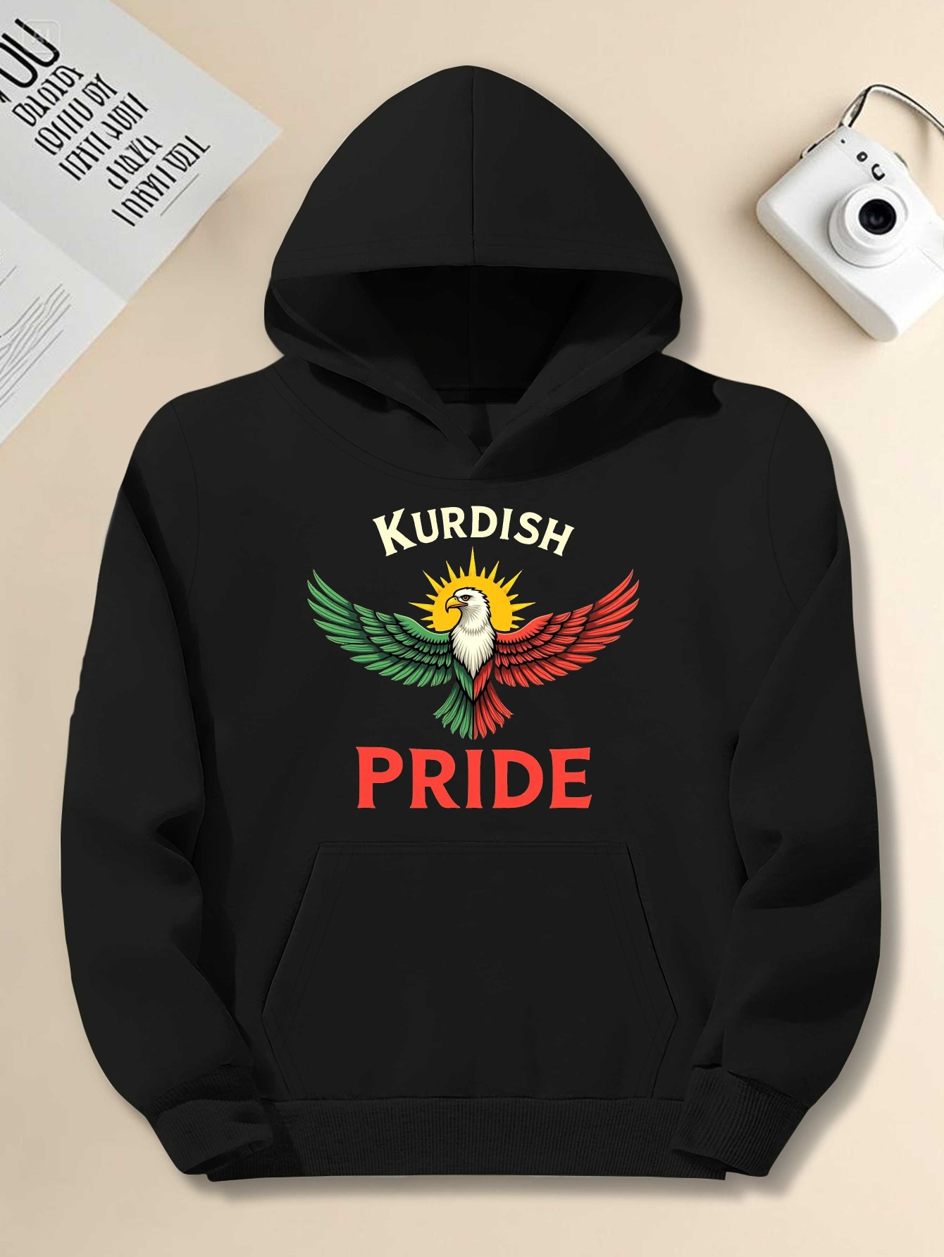 Men's Kurdish Eagle Hoodie - Plus Size Loose Fit Hooded Sweatshirt with Kurdish Pride Graphic (Red/Yellow/Green), Machine Washable Casual Pullover for Kurdish Culture Celebration & Casual Attire - JPH-9, PLUS SIZE