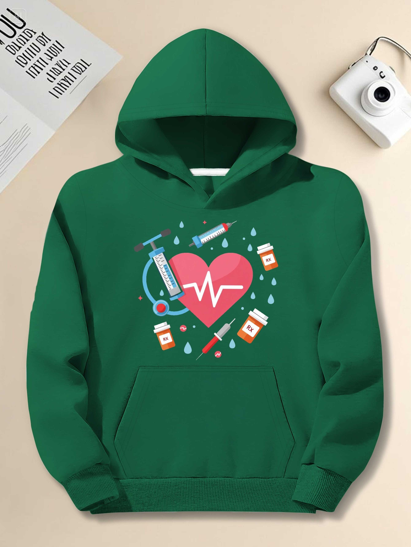 Men's Plus Size Green Hoodie with Heartbeat & Medical Theme Graphic - Casual Loose Fit, Long Sleeve, Non-Stretch Fabric, Front Pocket, Everyday Comfort, PLUS SIZE