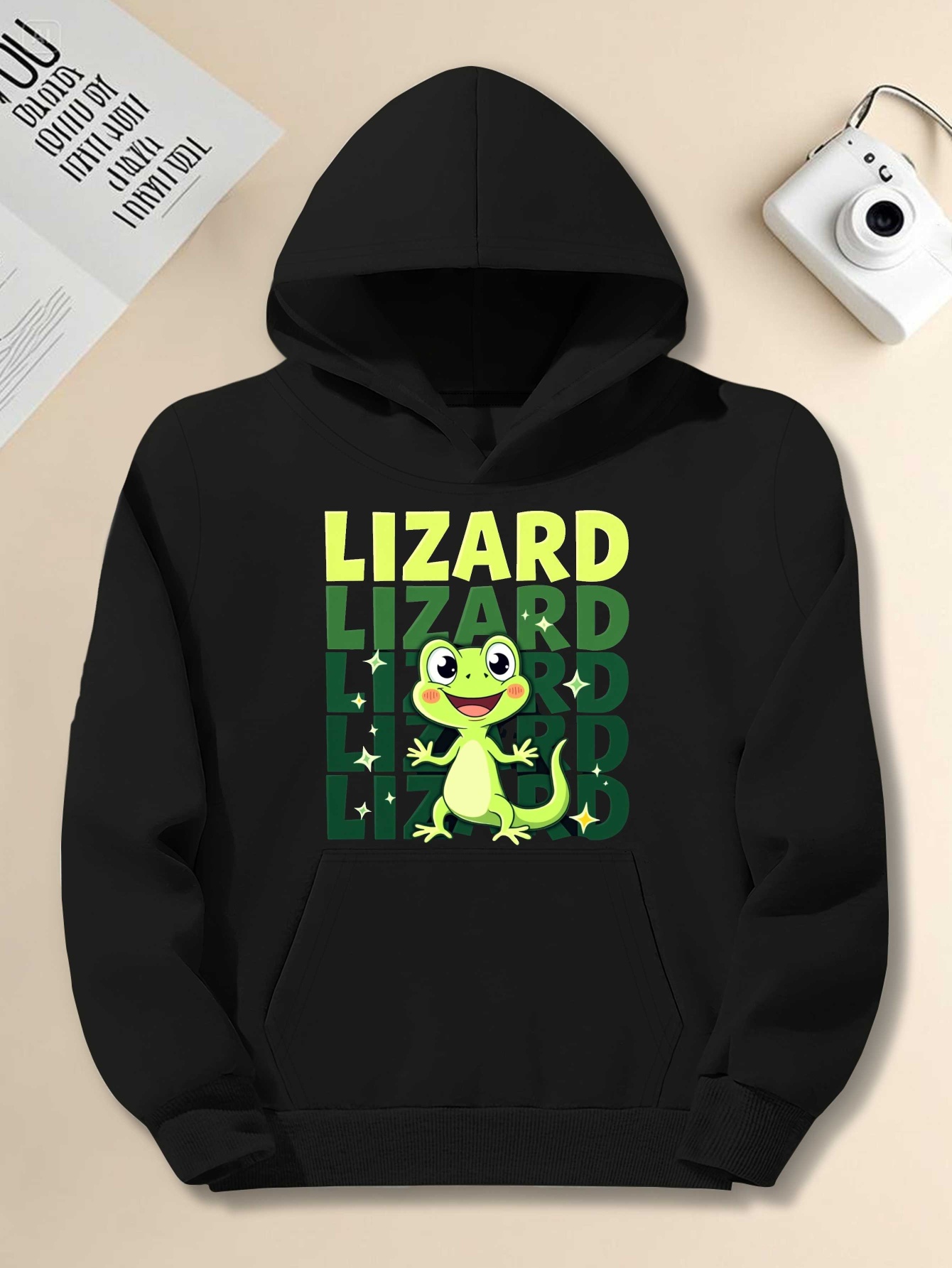 Men's Plus Size Hoodie - Black Pullover with Neon Green Lizard Graphic| Loose Fit Streetwear Sweatshirt, Non-Stretch Fabric, Casual & Themed Event Pullover, Machine Washable