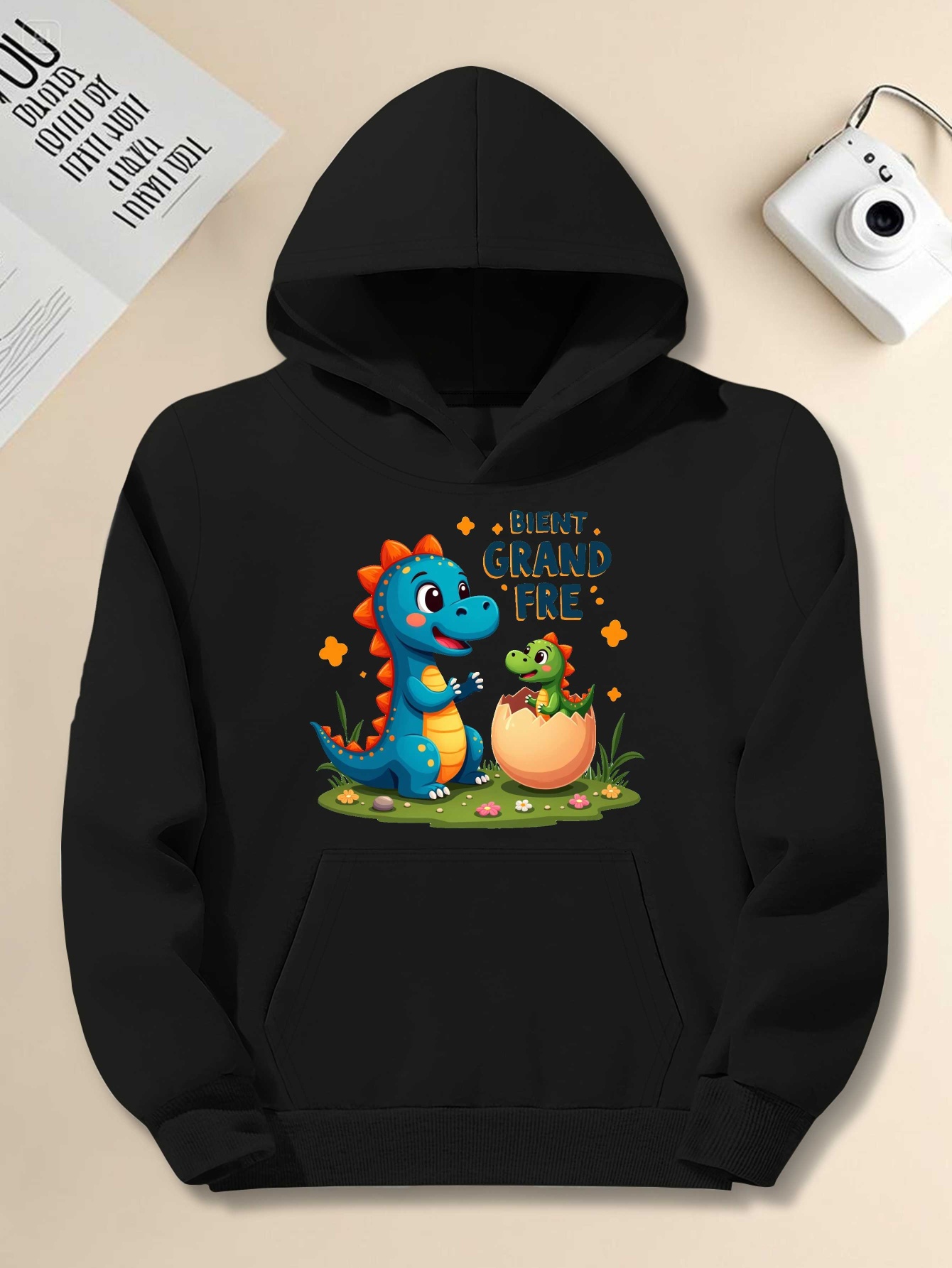 Men's Plus Size French Dinosaur Hoodie with 