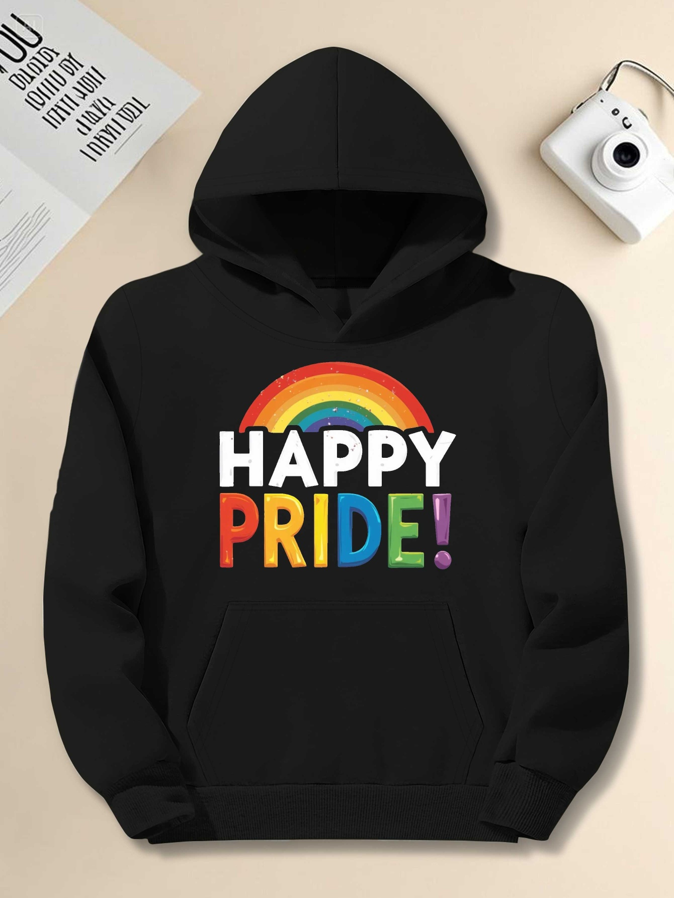 Men's Plus Size 'Happy Pride' Rainbow Hoodie - Casual Loose Fit, Long Sleeve, Non-Stretch Fabric, Casual Wear Hoodie | Hooded Sweatshirt | Non-Stretch Material, PLUS SIZE
