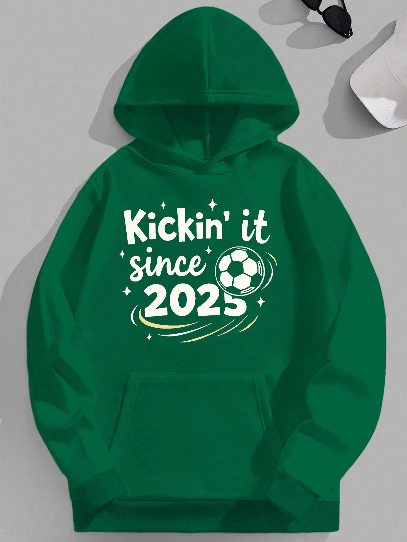 Men's Plus Size Green Hoodie with 'Kickin' It Since 2025' Soccer Ball Print - Casual Loose Fit, Long Sleeve, Non-Stretch Fabric, PLUS SIZE