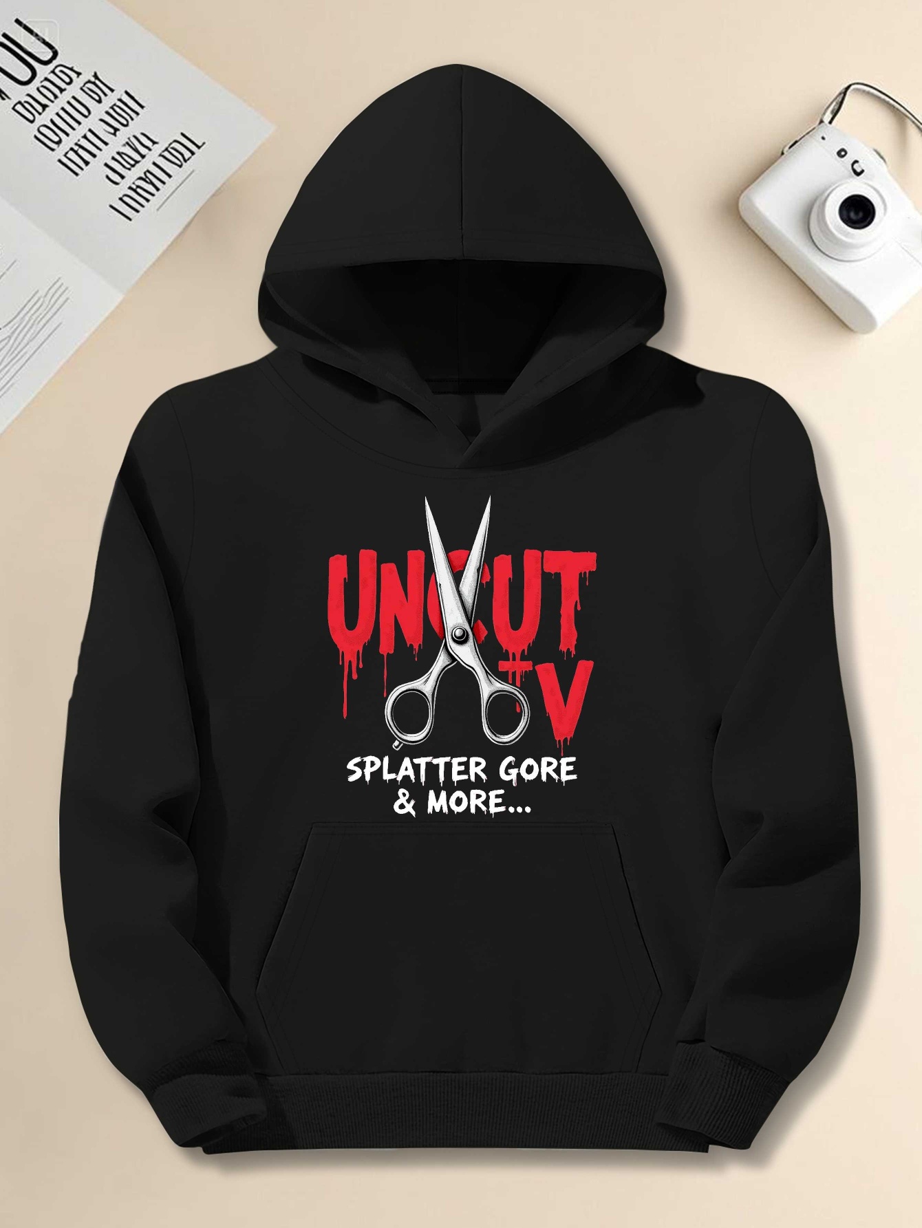 Men'S Scissors UncutTV Splatter Gore Horror Graphic Hooded Sweatshirt - JPH-9 Plus Size Loose Fit Casual Pullover with Scissors & Blood Splatter Print, Long Sleeve Non-Stretch Fabric for Horror Fans, Plus Size