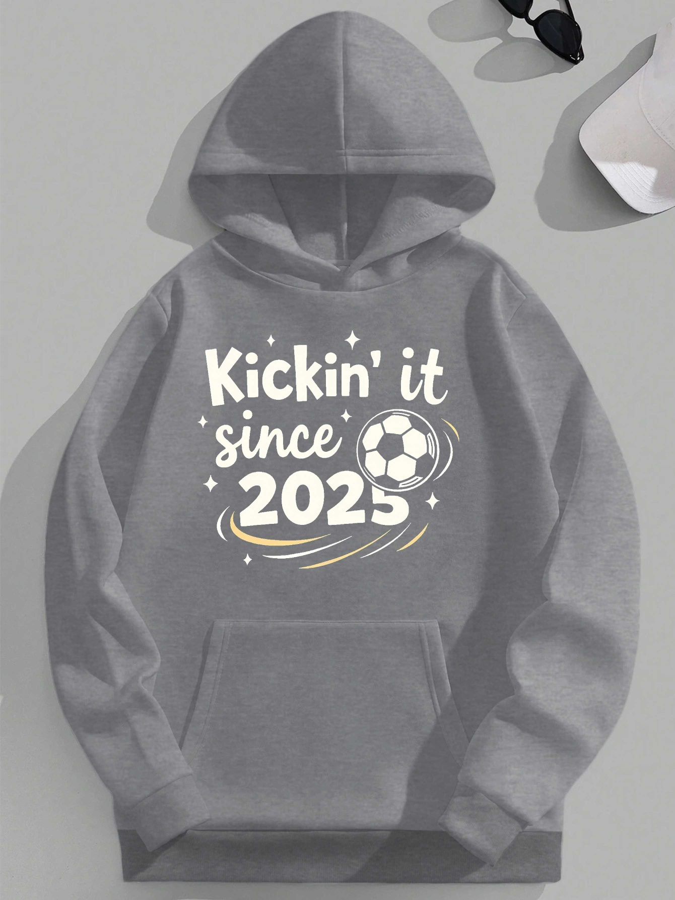 Men's Plus Size Green Hoodie with 'Kickin' It Since 2025' Soccer Ball Print - Casual Loose Fit, Long Sleeve, Non-Stretch Fabric, PLUS SIZE