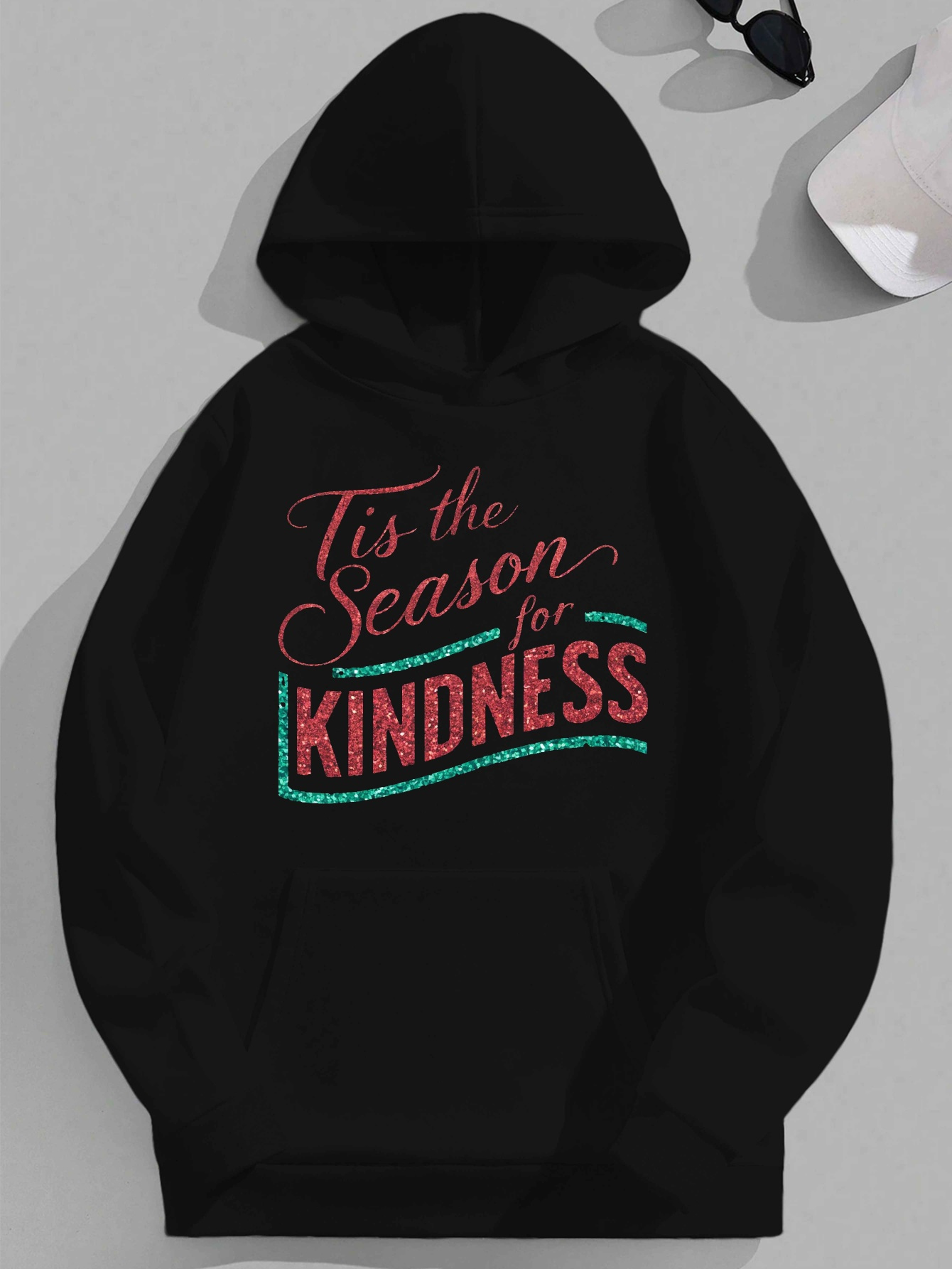 Men's Casual Hooded Sweatshirt with 'Tis the Season for KINDNESS' Print, 100% Polyester Knit Fabric, Loose Fit, Non-Stretch, Plus Size JPH-9