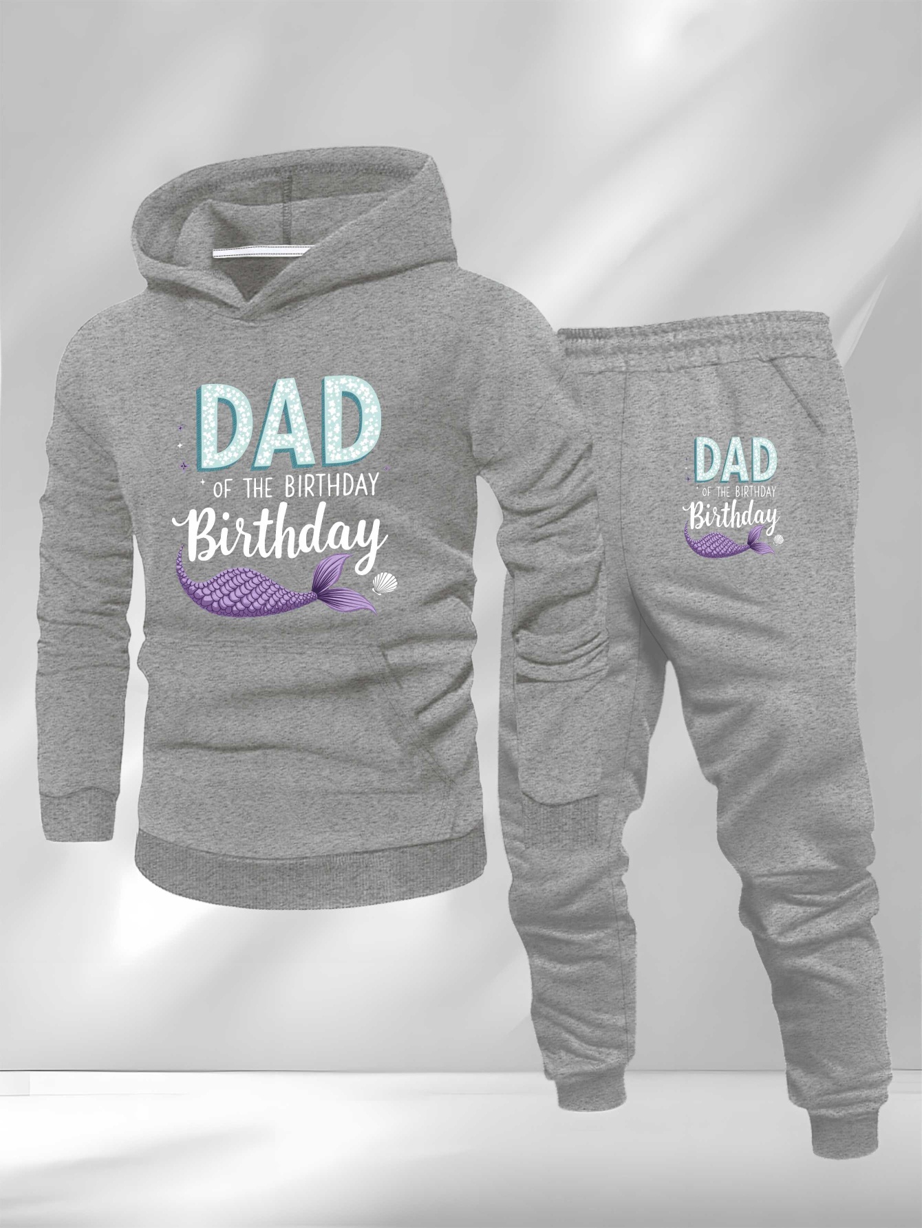 Dad Birthday Mermaid Tail Large Size Men's Sweatshirt Suit, Plus Size, Lounge Clothing, Casual Wear, Geometric Pattern, Streetwear Style, Easy Care, Durable Material, Dad Fashion, Big And Tall Men