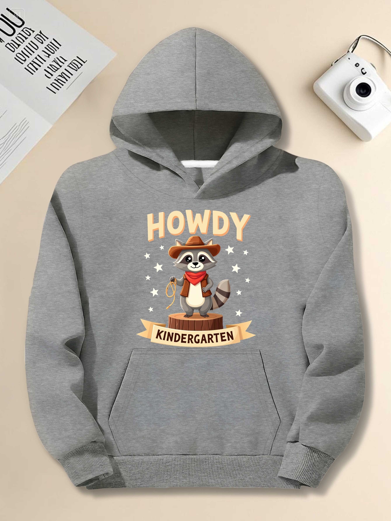 Men's Plus Size Hoodie - Howdy Kindergarten Raccoon Cowboy Graphic Pullover |   Loose Fit Long Sleeve Sweatshirt for Teachers, Casual Wear & Themed Events, Machine Washable