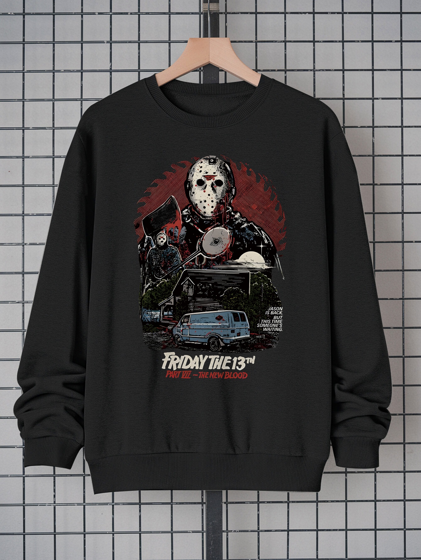 Men’s “Friday the 13th” Jason Voorhees Horror Movie Sweatshirt – Blood Axe & Hockey Mask Print |   100% Polyester Casual Streetwear Pullover, Loose Fit Crew Neck Long Sleeve, Machine Washable Halloween Top