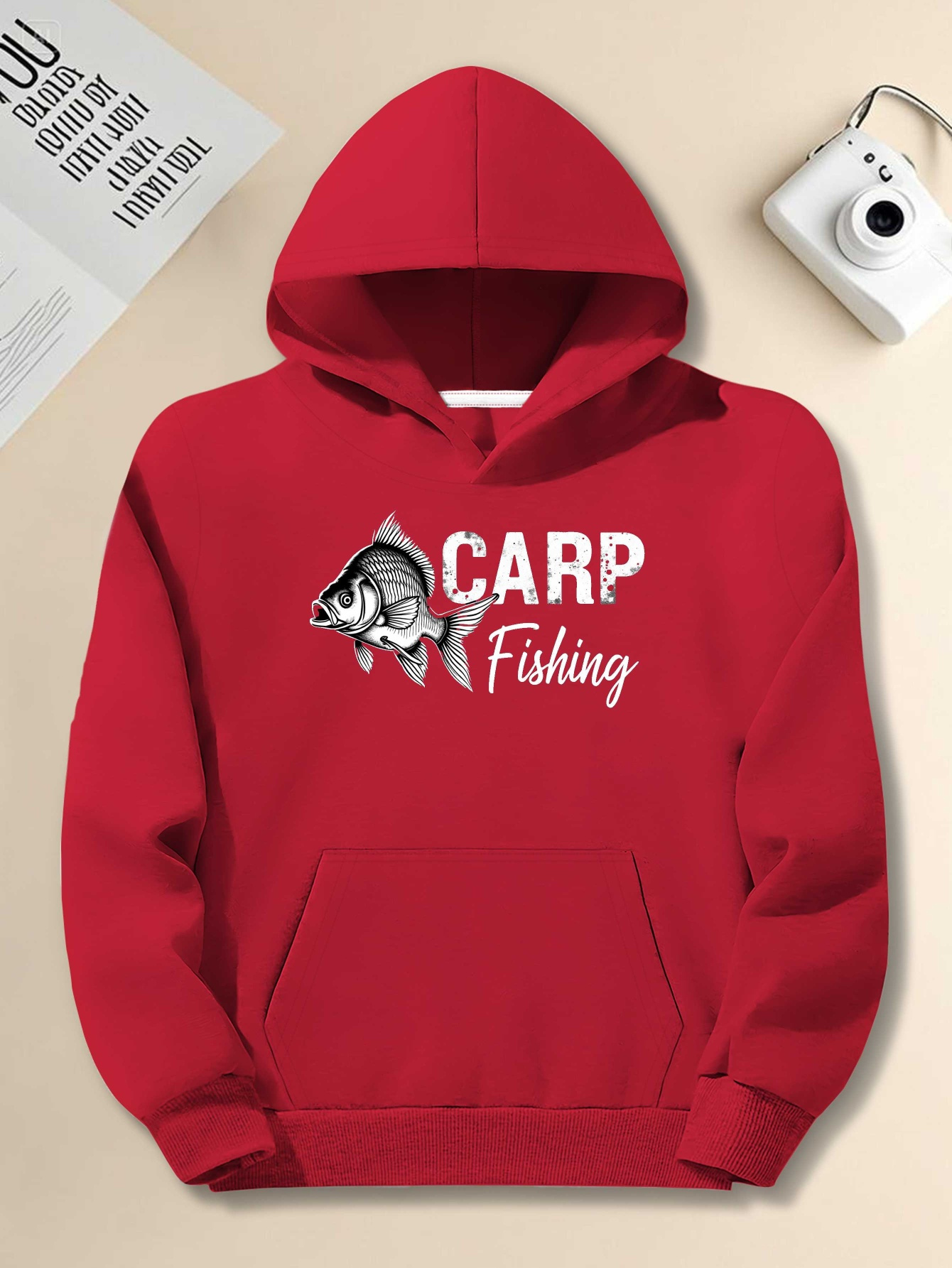 Plus Size Men's Black Hooded Sweatshirt with Carp Fishing Design - Casual Long Sleeve Pullover for Casual Attire, Casual Wear Hoodie |   Graphic Hoodie |   Non-Stretch Hoodie