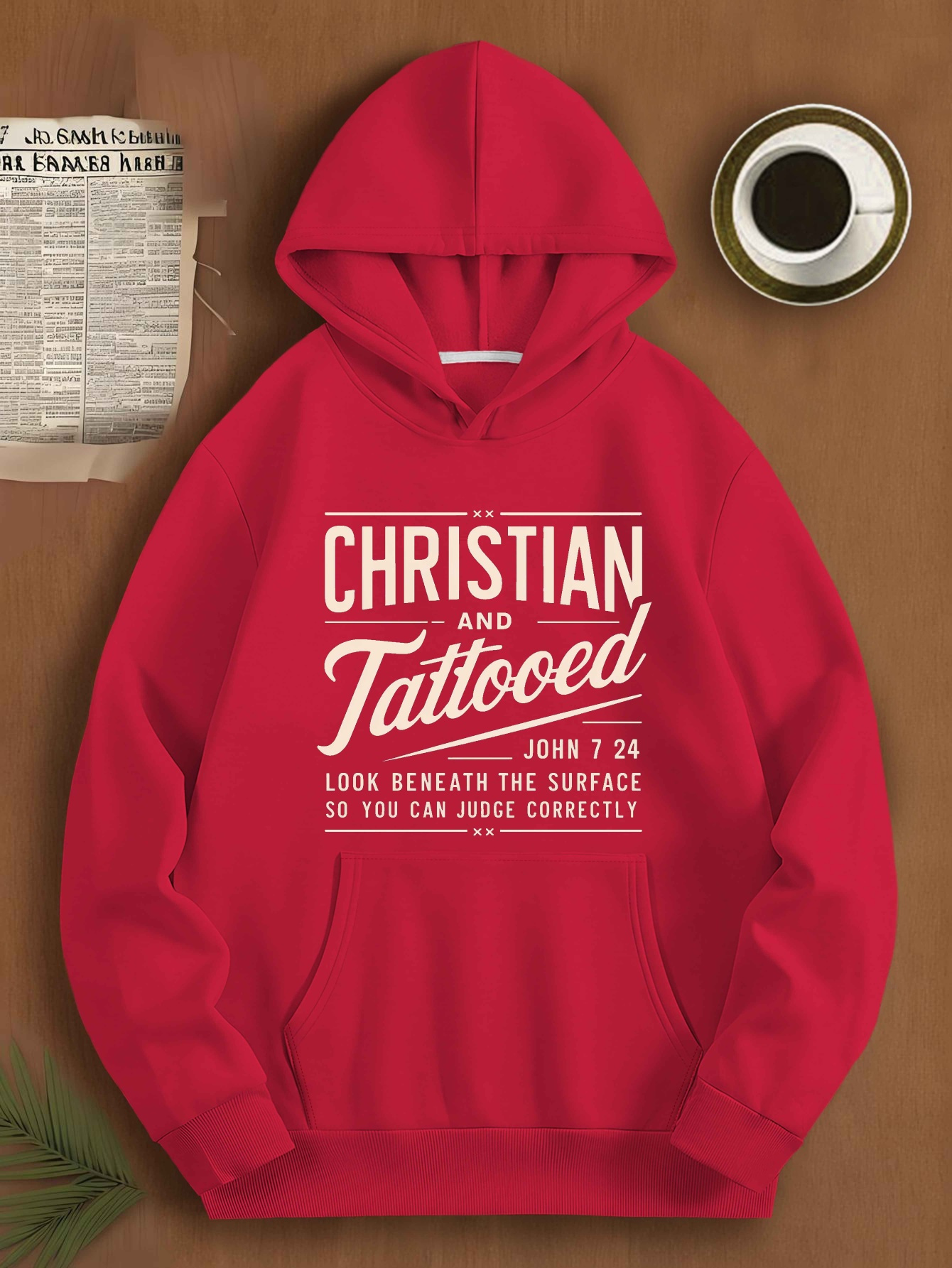 CHRISTIAN AND TATTOOED JPH-9 Plus Size Men's Hooded Sweatshirt - Vibrant Red Bold Statement Print, Relaxed Fit Casual Pullover, Machine Washable, PLUS SIZE