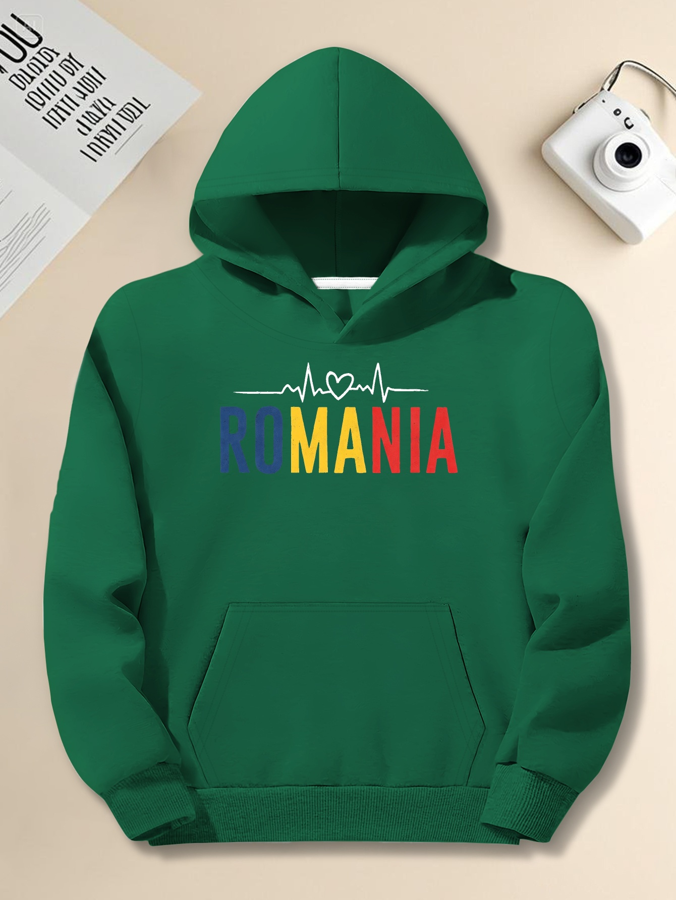 Men's Plus Size 'Heartbeat Romania' Hoodie - Casual Gray Pullover with Colorful Heartbeat Graphic, Loose Fit, Long Sleeves, Casual Wear Hoodie | Hooded Sweatshirt | Comfortable Fit, Plus Size