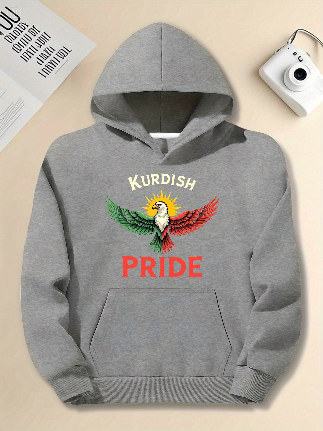 Men's Kurdish Eagle Hoodie - Plus Size Loose Fit Hooded Sweatshirt with Kurdish Pride Graphic (Red/Yellow/Green), Machine Washable Casual Pullover for Kurdish Culture Celebration & Casual Attire - JPH-9, PLUS SIZE