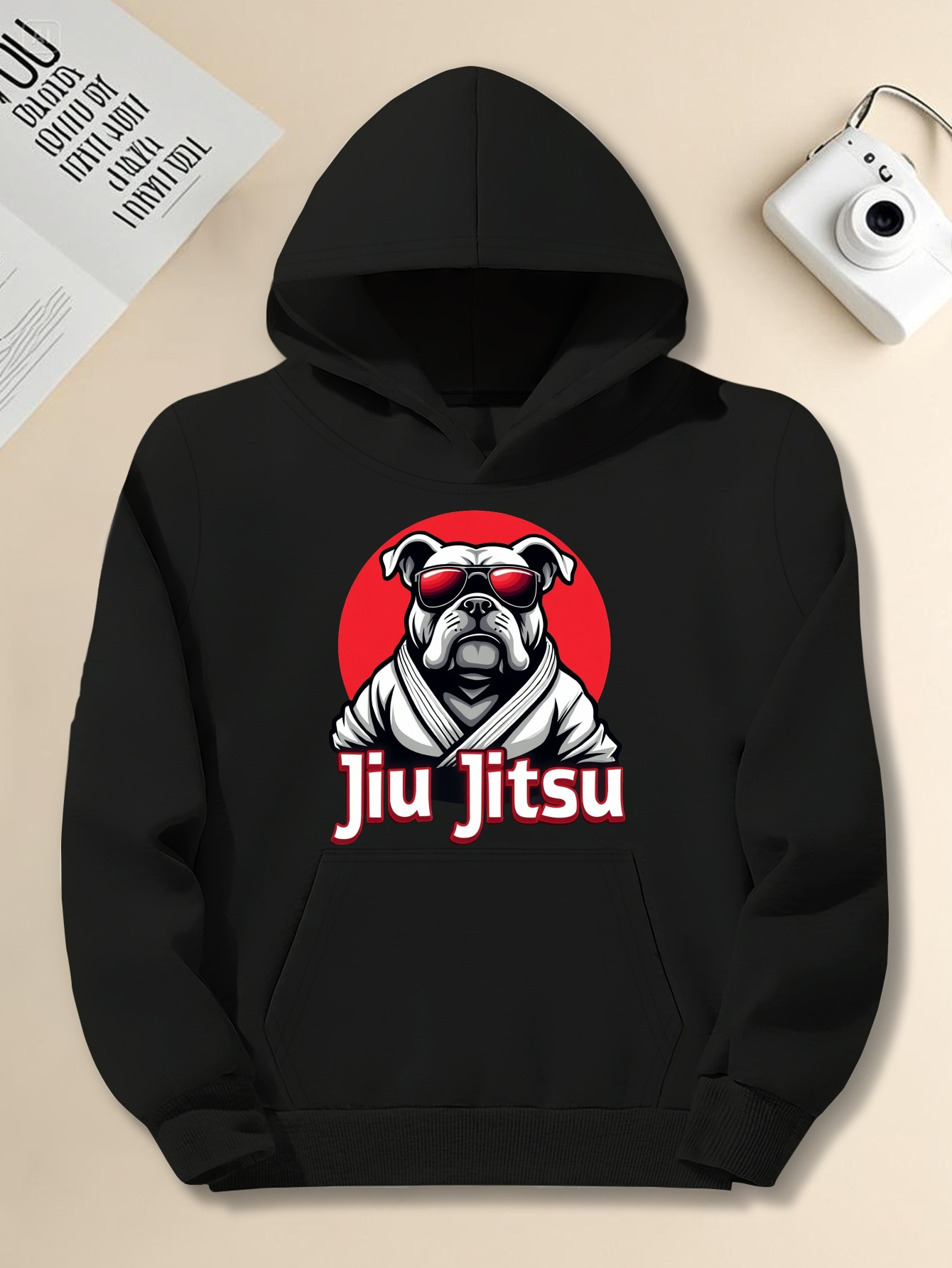Men's Plus Size Black Hoodie with Bulldog Martial Arts Graphic - 
