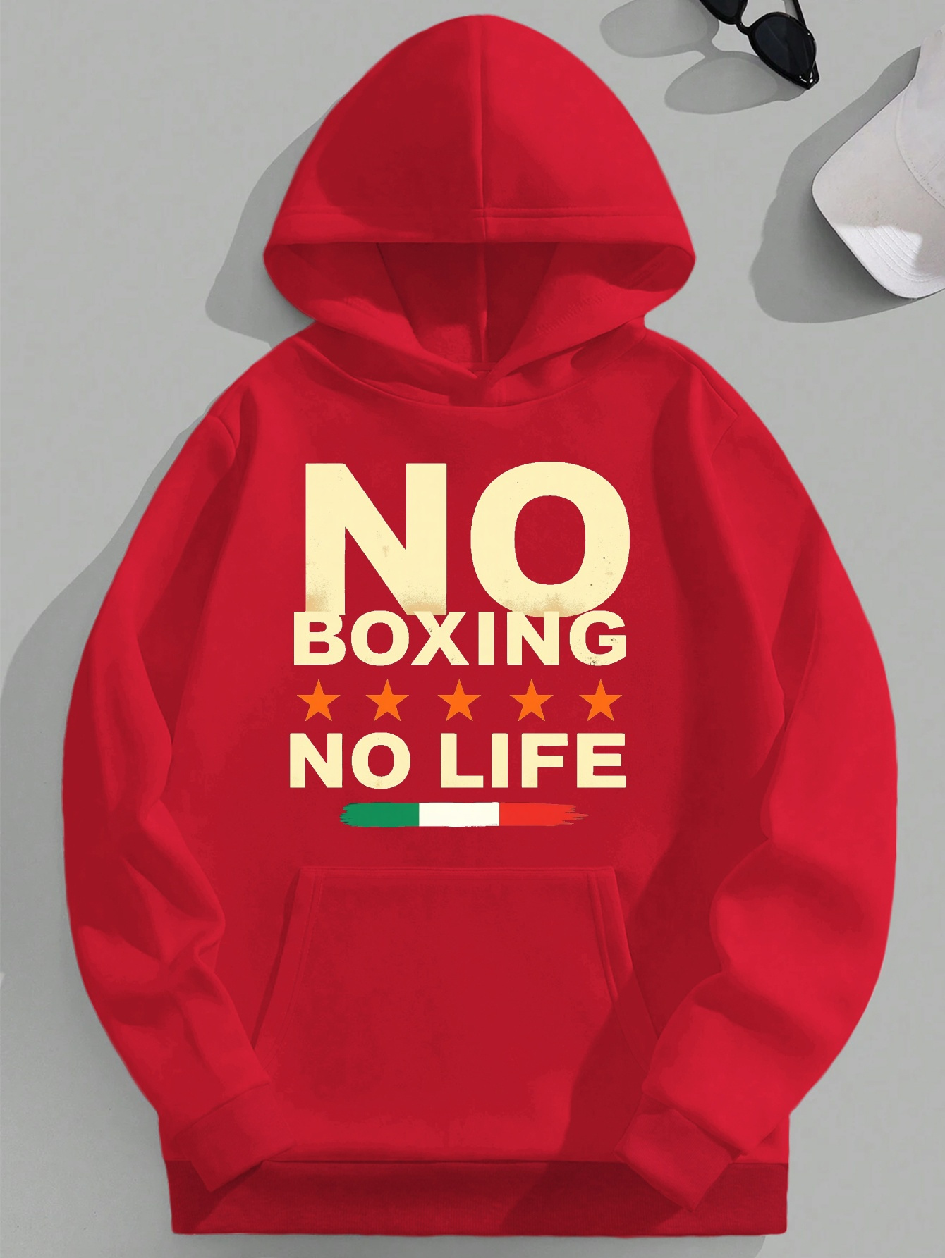 NO BOXING NO LIFE JPH-9 Plus Size Men's Hooded Sweatshirt - Vibrant Red Boxing Graphic Print with Italian Flag Design, Relaxed Fit Casual Pullover, Machine Washable, Sporty Pullover, Motivational Apparel, Durable Fabric, Smooth Texture, PLUS SIZE