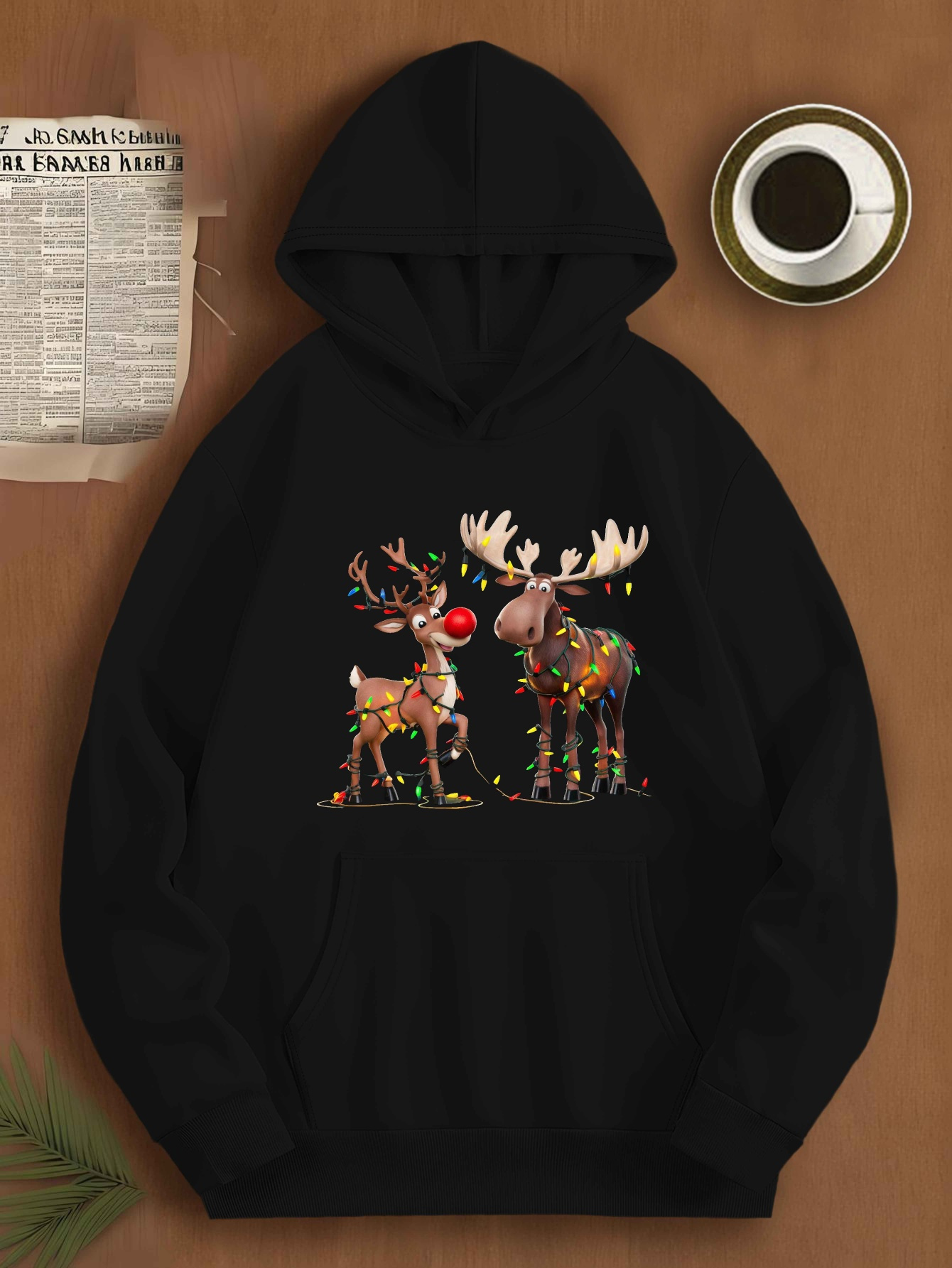 1pc Plus Size Men's Casual Polyester Hoodie with Reindeer and Moose Christmas Lights Print, Knitted Pullover with Hood, Loose Fit Fashion Sweatshirt