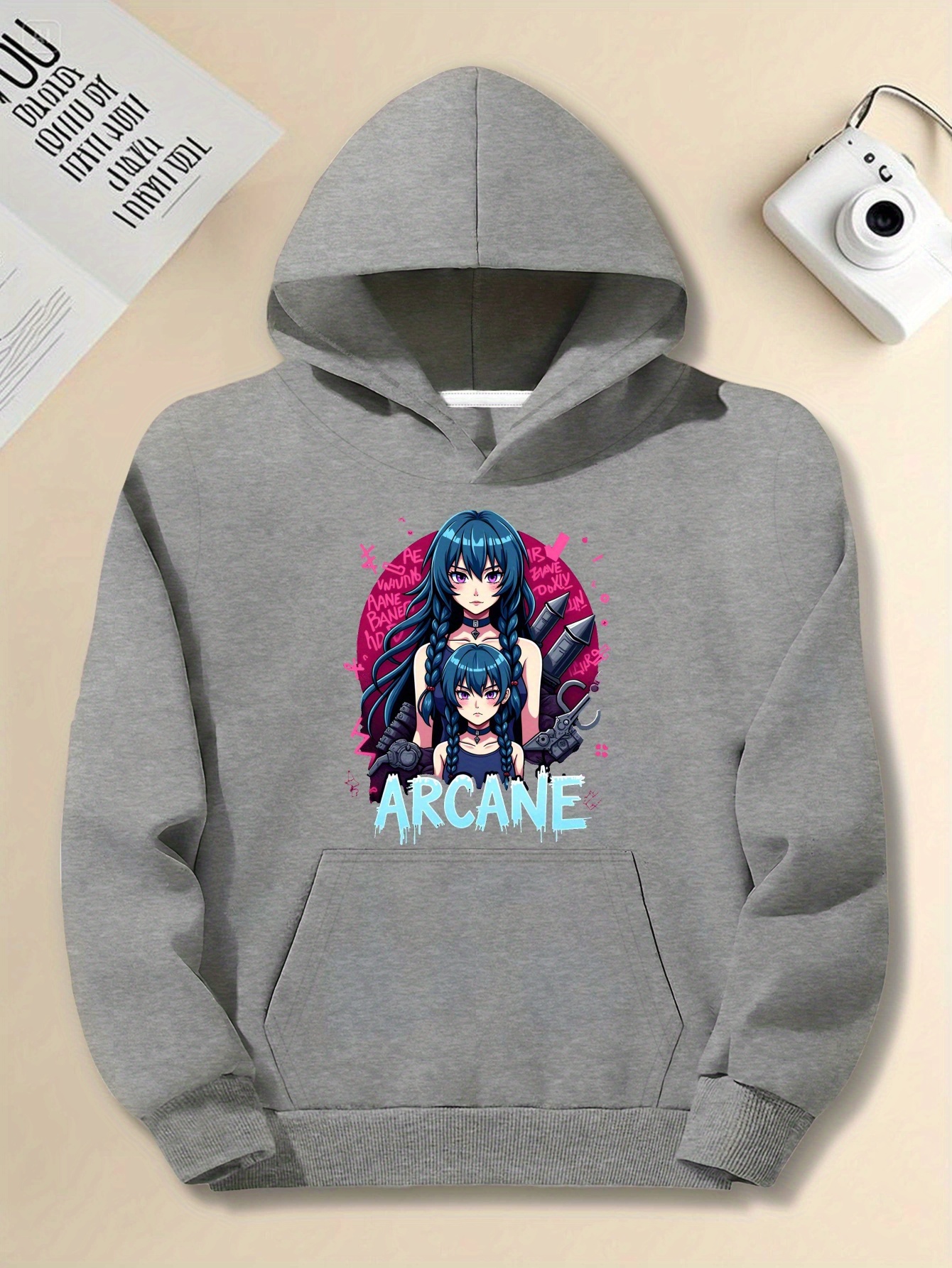 Plus Size Men's Hooded Sweatshirt - Casual Loose Fit with Vibrant Arcane Anime Character Print, Long Sleeve, Non-Stretch Fabric, Gray with Pink & Blue Design, PLUS SIZE