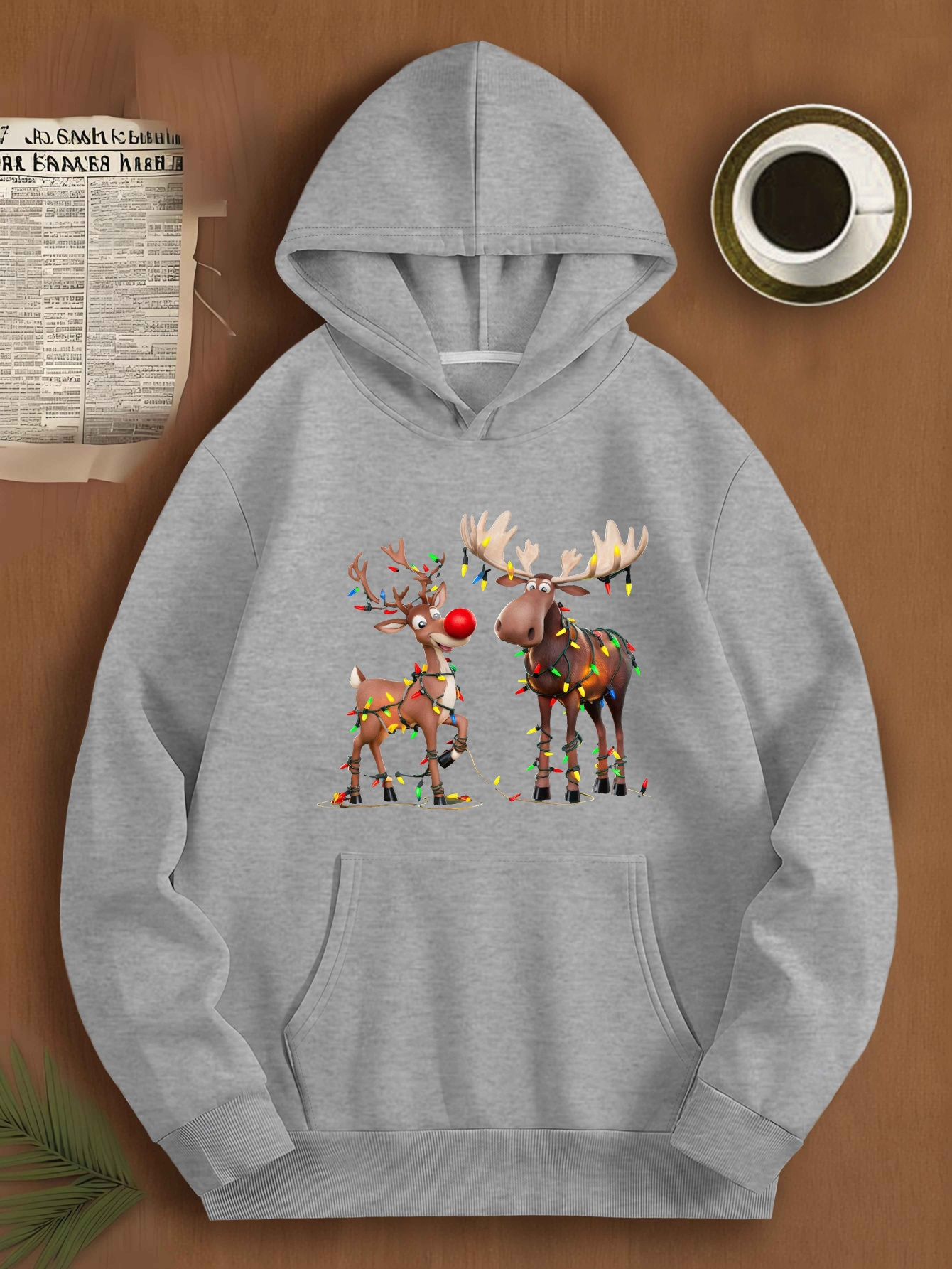 1pc Plus Size Men's Casual Polyester Hoodie with Reindeer and Moose Christmas Lights Print, Knitted Pullover with Hood, Loose Fit Fashion Sweatshirt