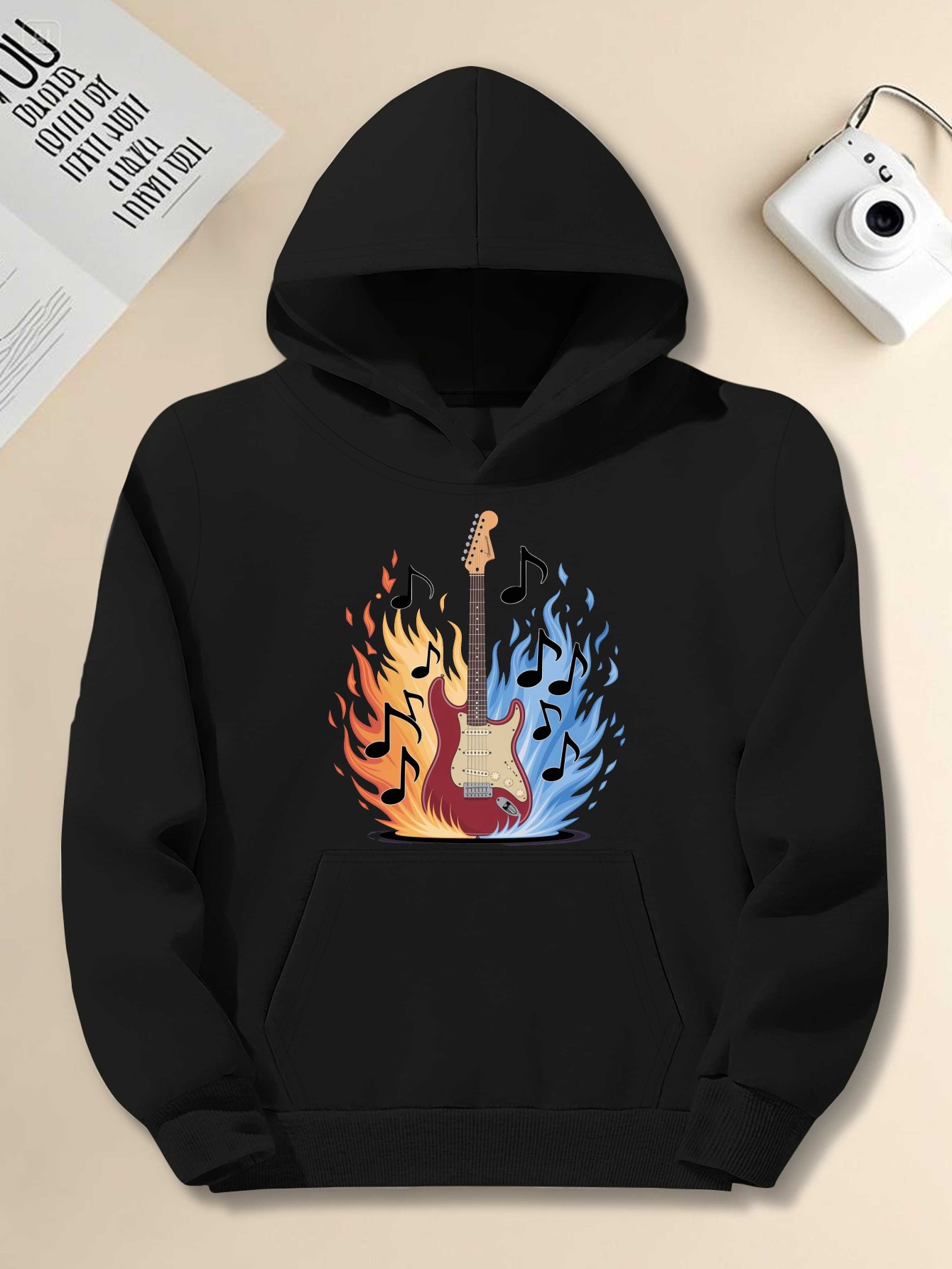 Men's Plus Size Music Graphic Hoodie - Black Pullover with Electric Guitar & Hands Print |   Oversized Loose Fit Long Sleeve Sweatshirt, Casual Streetwear, Machine Washable, Gift for Guitar Lovers