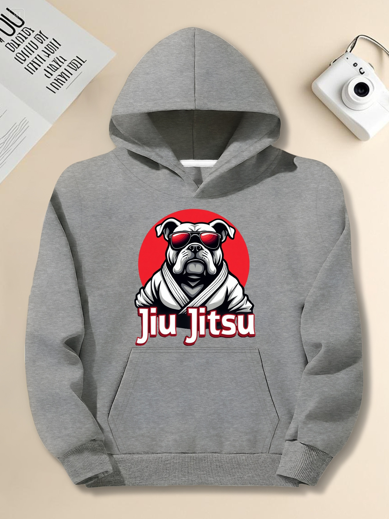 Men's Plus Size Black Hoodie with Bulldog Martial Arts Graphic - 