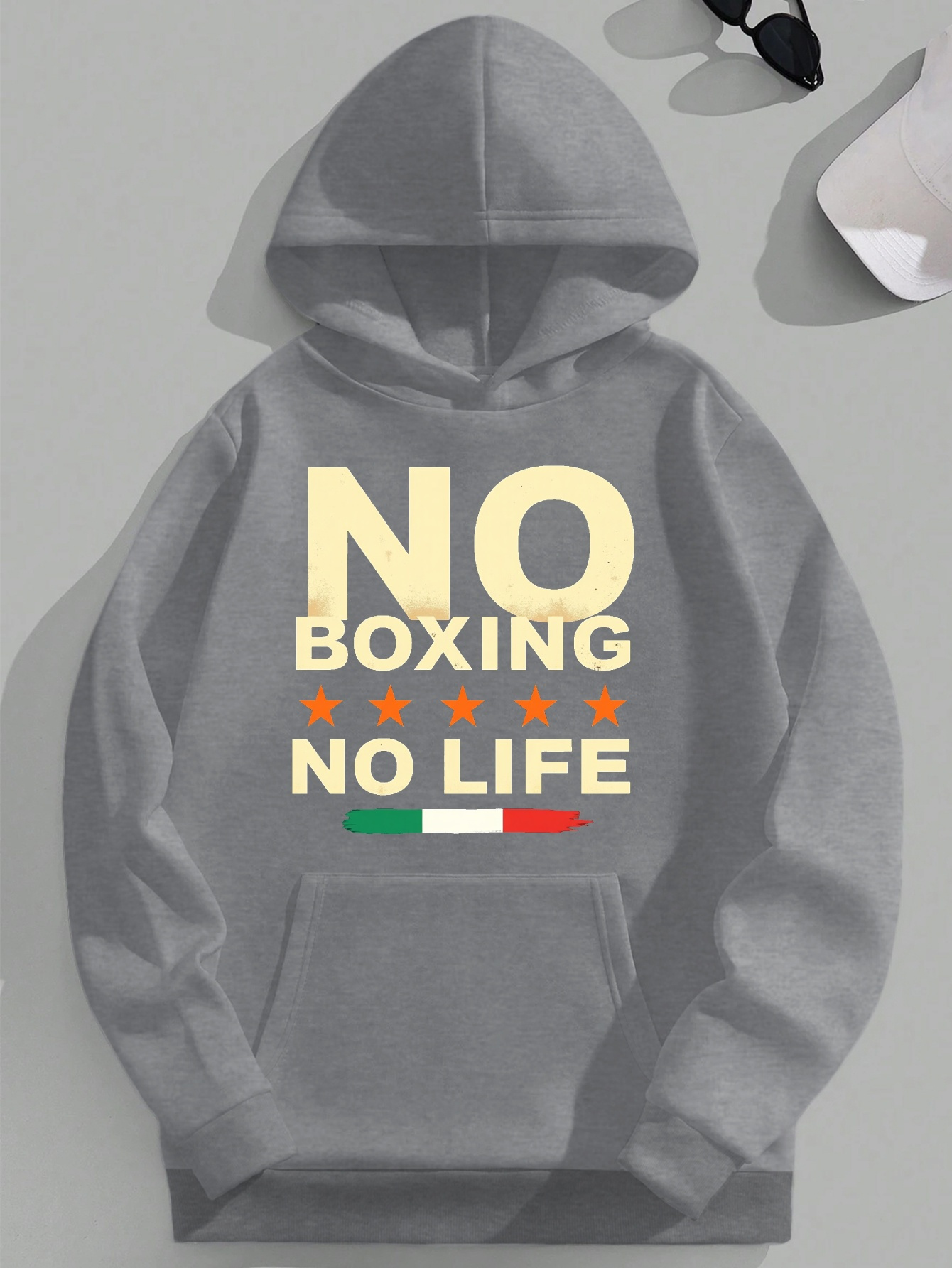 NO BOXING NO LIFE JPH-9 Plus Size Men's Hooded Sweatshirt - Vibrant Red Boxing Graphic Print with Italian Flag Design, Relaxed Fit Casual Pullover, Machine Washable, Sporty Pullover, Motivational Apparel, Durable Fabric, Smooth Texture, PLUS SIZE