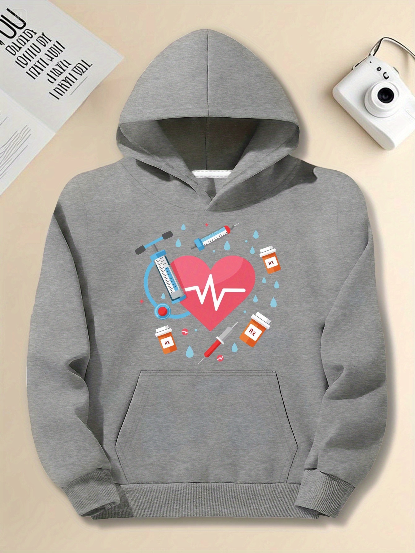 Men's Plus Size Green Hoodie with Heartbeat & Medical Theme Graphic - Casual Loose Fit, Long Sleeve, Non-Stretch Fabric, Front Pocket, Everyday Comfort, PLUS SIZE