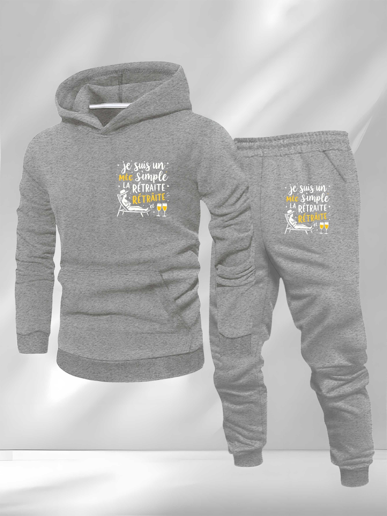 Funny French Quote Simple Retirement Aperitif Large Size Men's Sweatshirt Suit, Plus Size, Everyday Outfit, Graphic Print, French Style, Durable Material, Soft Texture, Comfortable Pants, Men's Loungewear, Big And Tall, Relaxed Fit Men