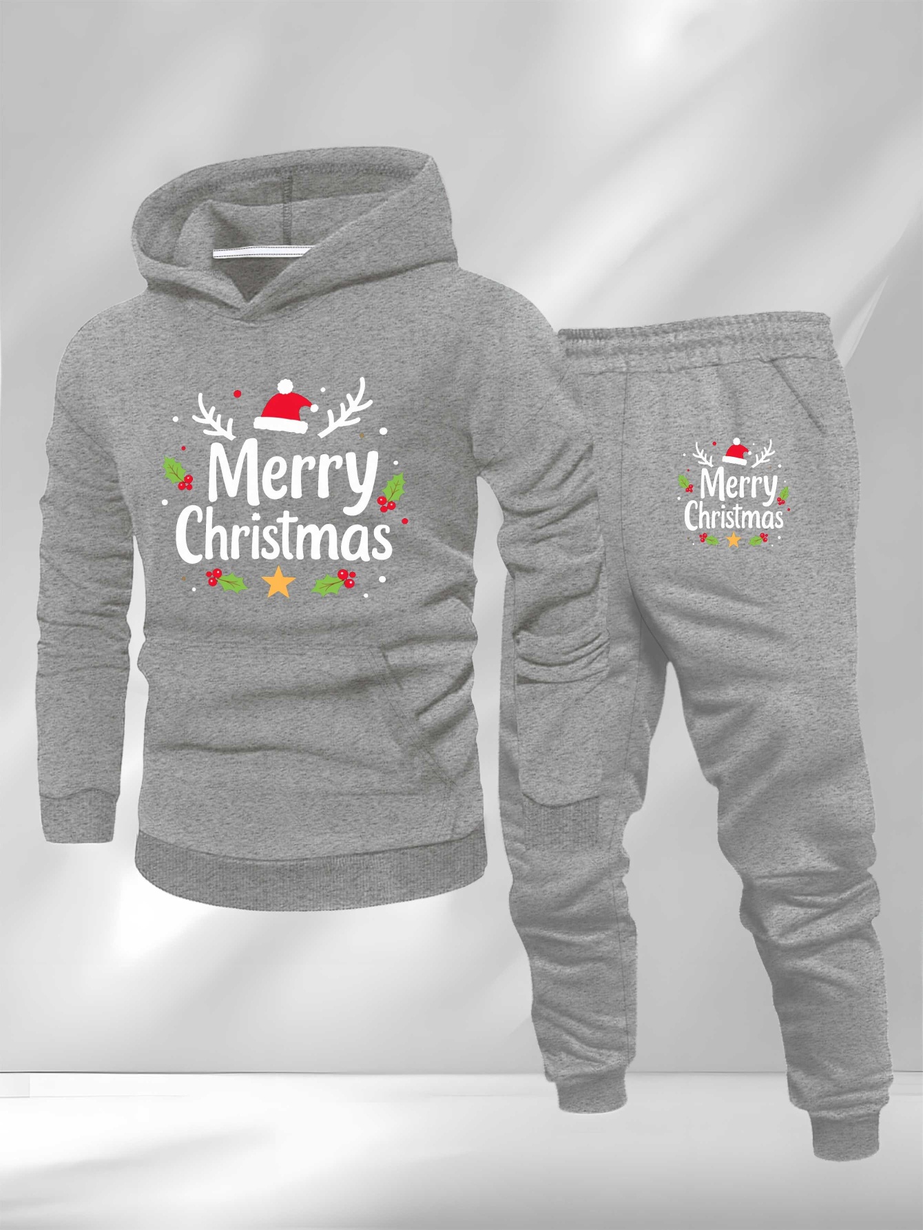Merry Christmas Festive Holiday Design Large Size Men's Sweatshirt Suit, Plus Size, Christmas Celebration, Casual Loungewear, Cozy Loungewear, Relaxed Fit, Machine Washable, Durable Material, Oversized Fit, Holiday Shoppers, Big And Tall Men