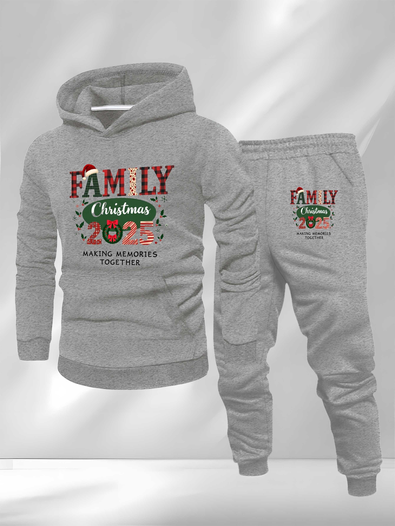 2025 Family Christmas Festive Wreath Large Size Men's Sweatshirt Suit, Plus Size, Festive Loungewear, Family Matching Outfits, Men's Christmas Pajamas, Two-Piece Sleepwear, Loose Fit Aesthetic, Hooded Top Style, Machine Washable Fabric, Easy Care