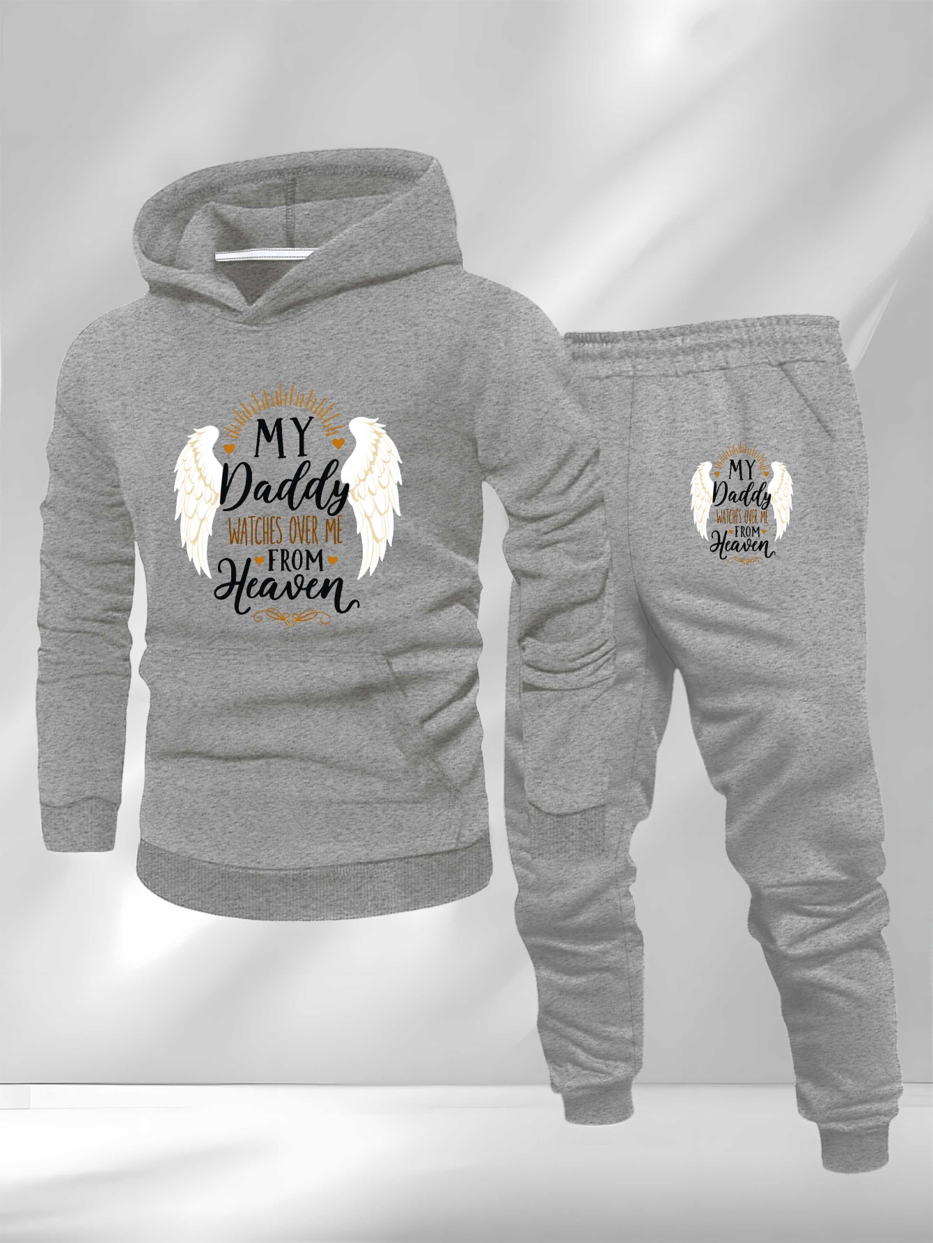 Daddy Watches Over From Heaven Large Size Men's Sweatshirt Suit, Plus Size, Lounge Clothing, Casual Wear, Loose Fit, Geometric Print, Comfortable Fabric, Machine Washable, Unisex Hoodie, Cozy Loungewear, Big And Tall Men