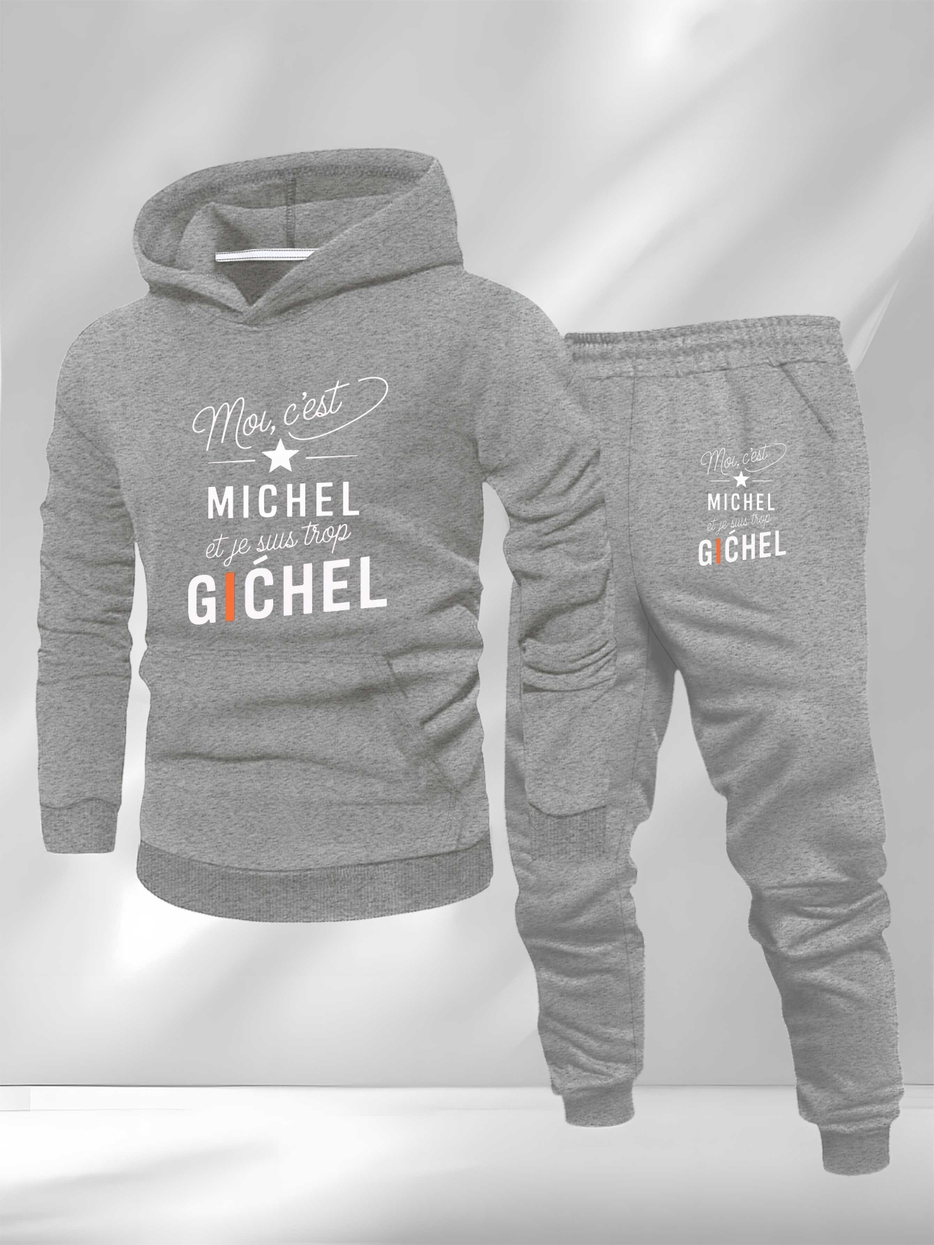 Elegant French Quote Michel Genius Large Size Men's Sweatshirt Suit, Plus Size, Casual Wear, Lounge Clothing, Geometric Pattern, French Fashion, Non-Stretch Fabric, Comfortable Fabric, Men's Loungewear, Big and Tall Men, Fashion Enthusiasts
