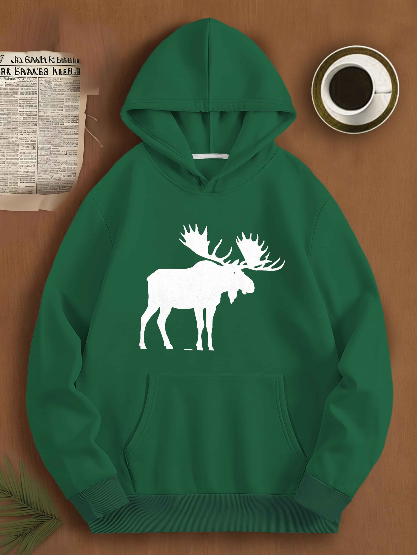 1pc Majestic Moose Silhouette Print Plus Size Men's Casual Polyester Hooded Sweatshirt, Loose Fit Pullover with Hood, Knitted Fabric