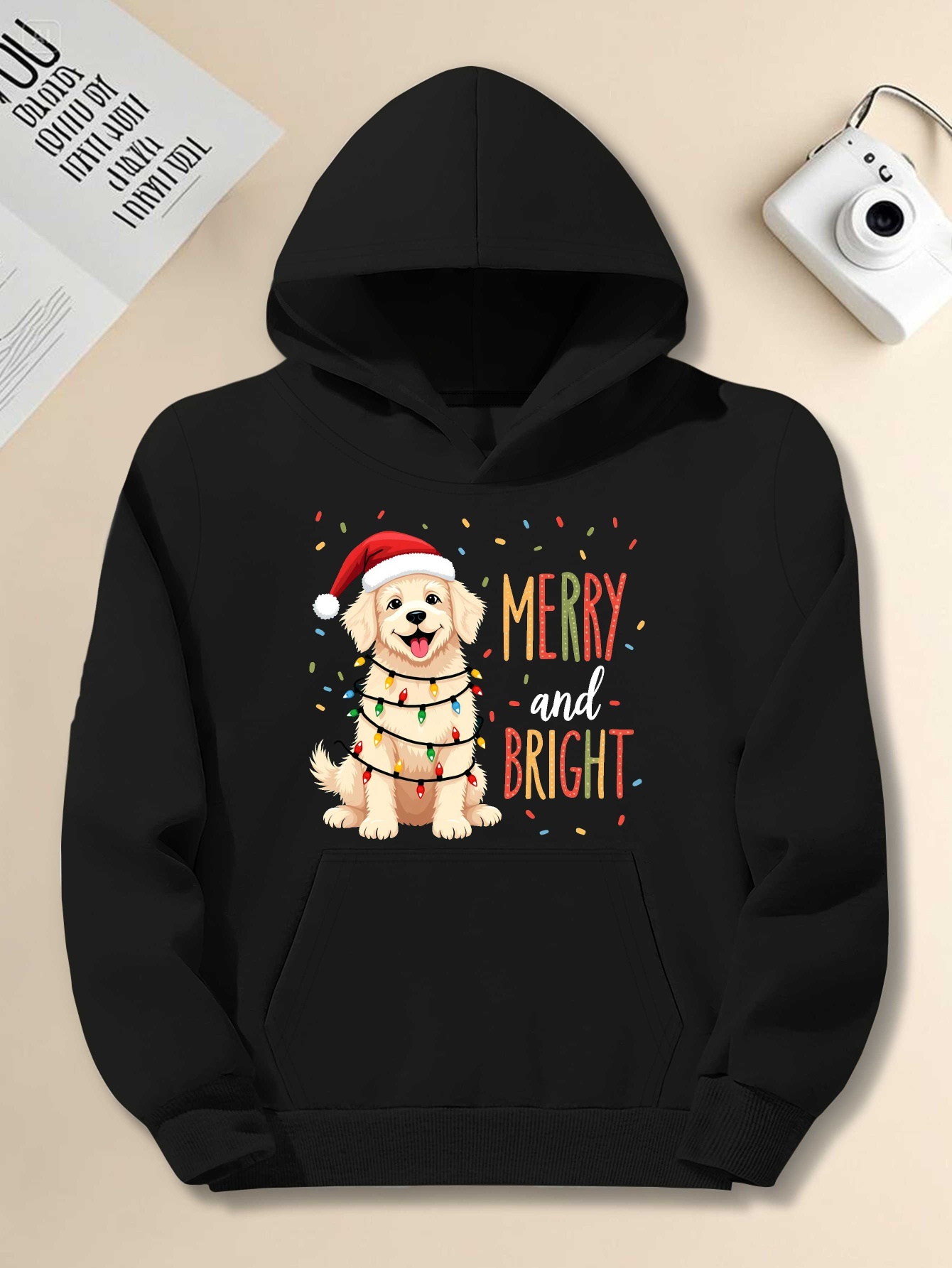 Men's Plus Size Christmas Hoodie - Merry & Bright Golden Retriever Pullover with Jingle Collar, Relaxed Fit Long Sleeve Casual Sweater, Holiday Party & Everyday Wear, Machine Washable