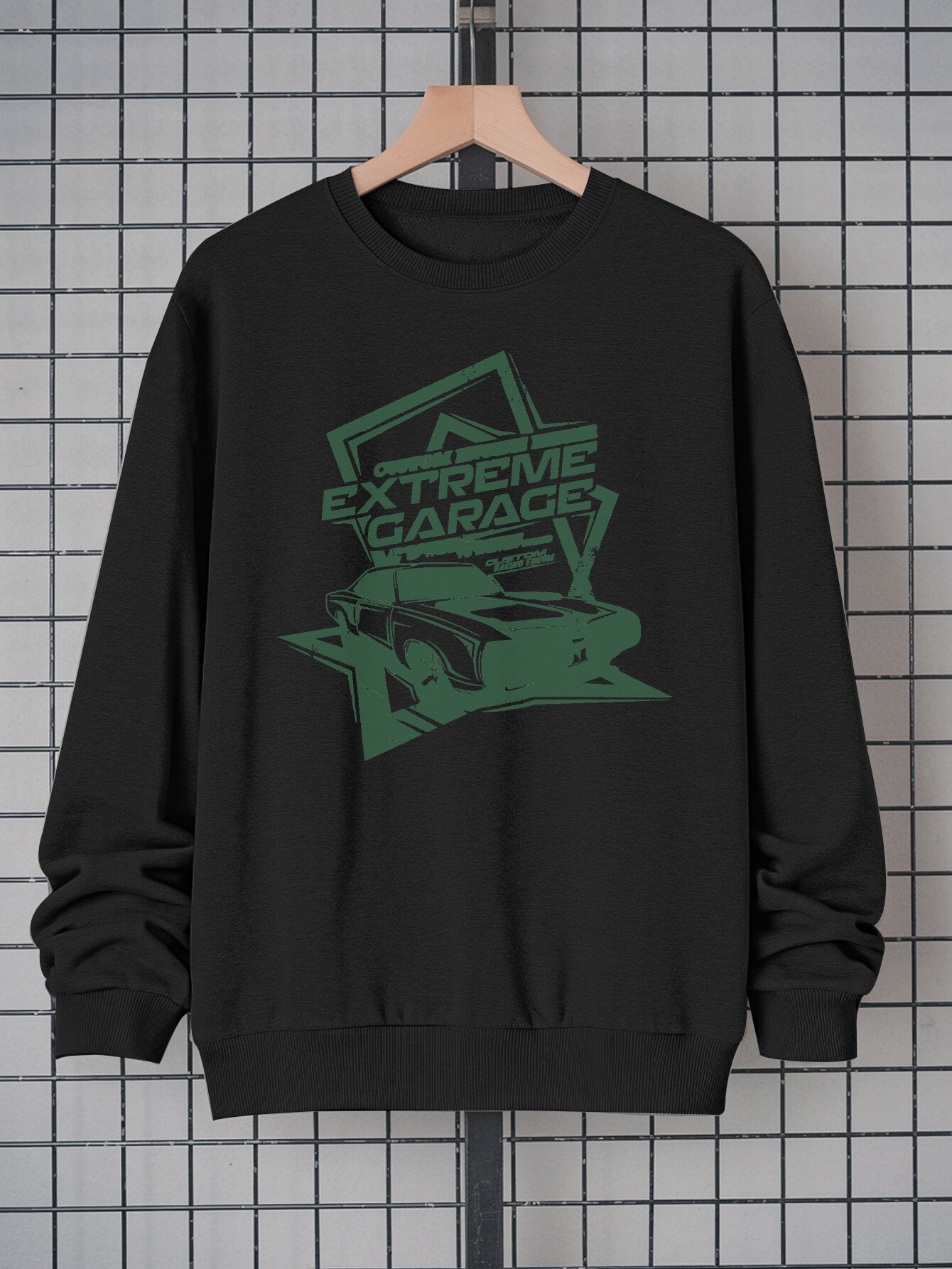 Men's Vintage 90s Racing Car Graphic Sweatshirt - Bold Green Drift Car & Graffiti Letter Design |   100% Polyester Casual Streetwear Pullover, Loose Fit Crew Neck Long Sleeve, Machine Washable Retro Auto Lover Top