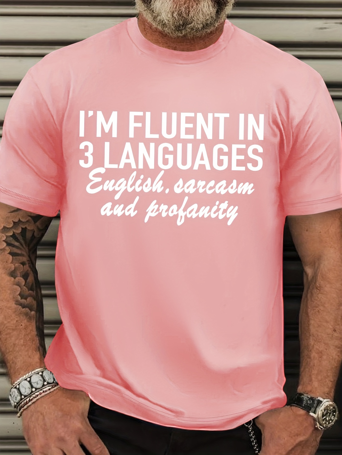 Plus Size Men's Casual Crew Neck T-Shirt with 'I'M FLUENT IN 3 LANGUAGES - English, Sarcasm, and Profanity' Slogan Print, 100% Polyester, Slight Stretch Knit Fabric for Spring/Summer/Fall - Regular Fit Adult Tee