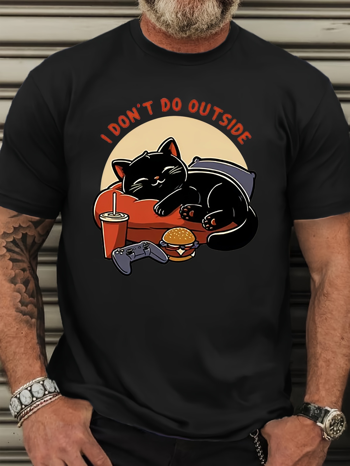 1 don't do outside cute sleeping cat graphic print, men's plus size casual crew neck short sleeve t-shirt, trendy comfy clothing for daily wear & outdoor activities