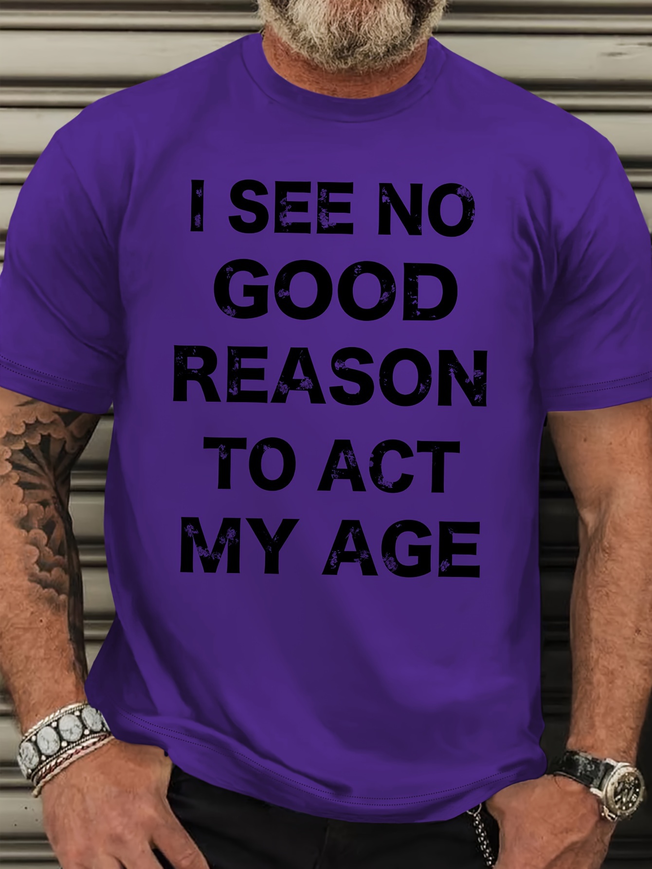 Plus Size Men's See No Good Reason To Act My Age Print Casual Versatile Short Sleeve T-shirt, Stylish Comfy Tees, Big & Tall