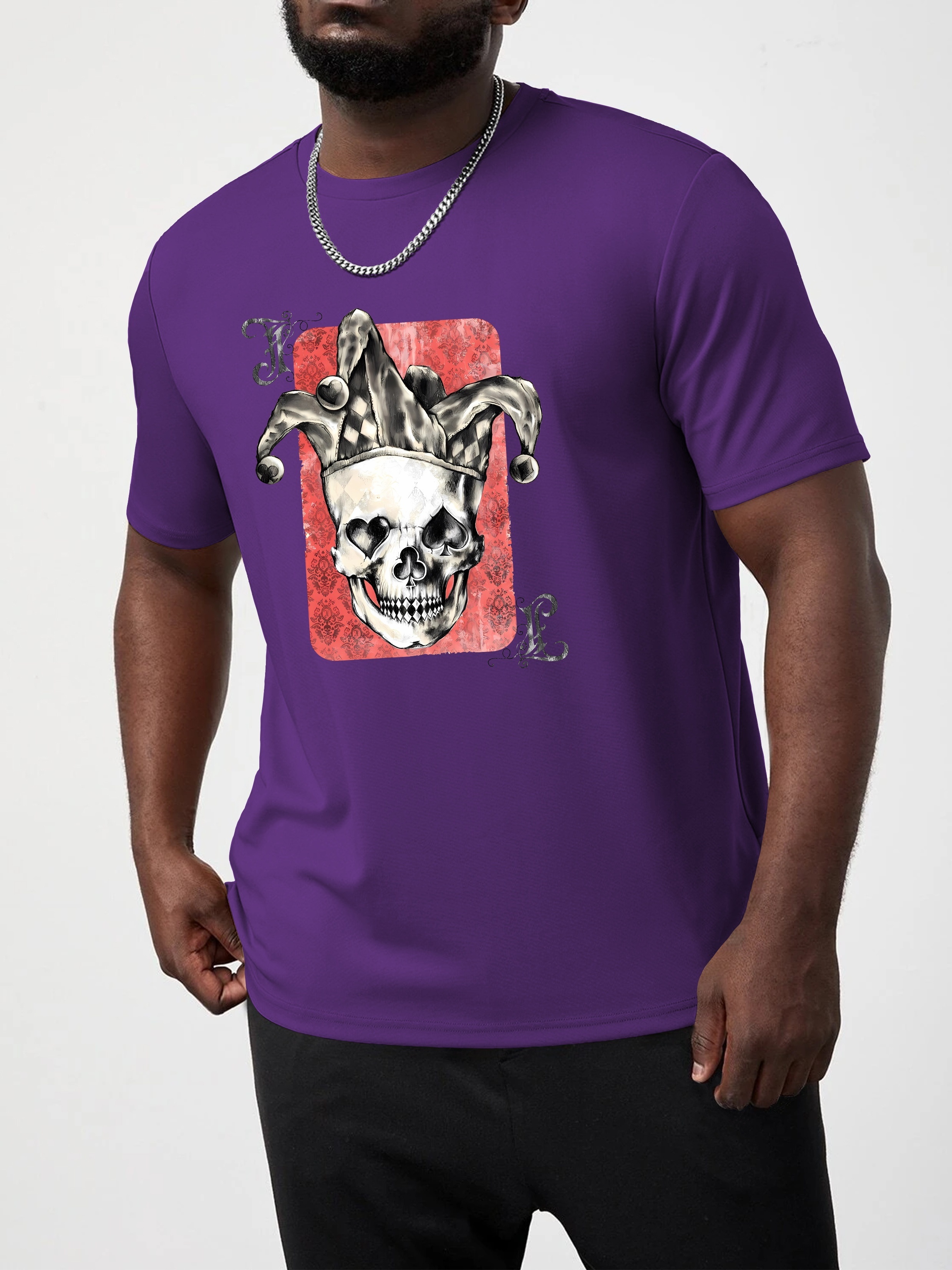 Men's Plus Size King of Hearts Jester Card T-Shirt - Black & Red Gothic Skull & Jester Hat Print, Streetwear Short Sleeve Round Neck Casual Tee for Spring Summer Fall, Joker-Inspired Outfit, PLUS SIZE
