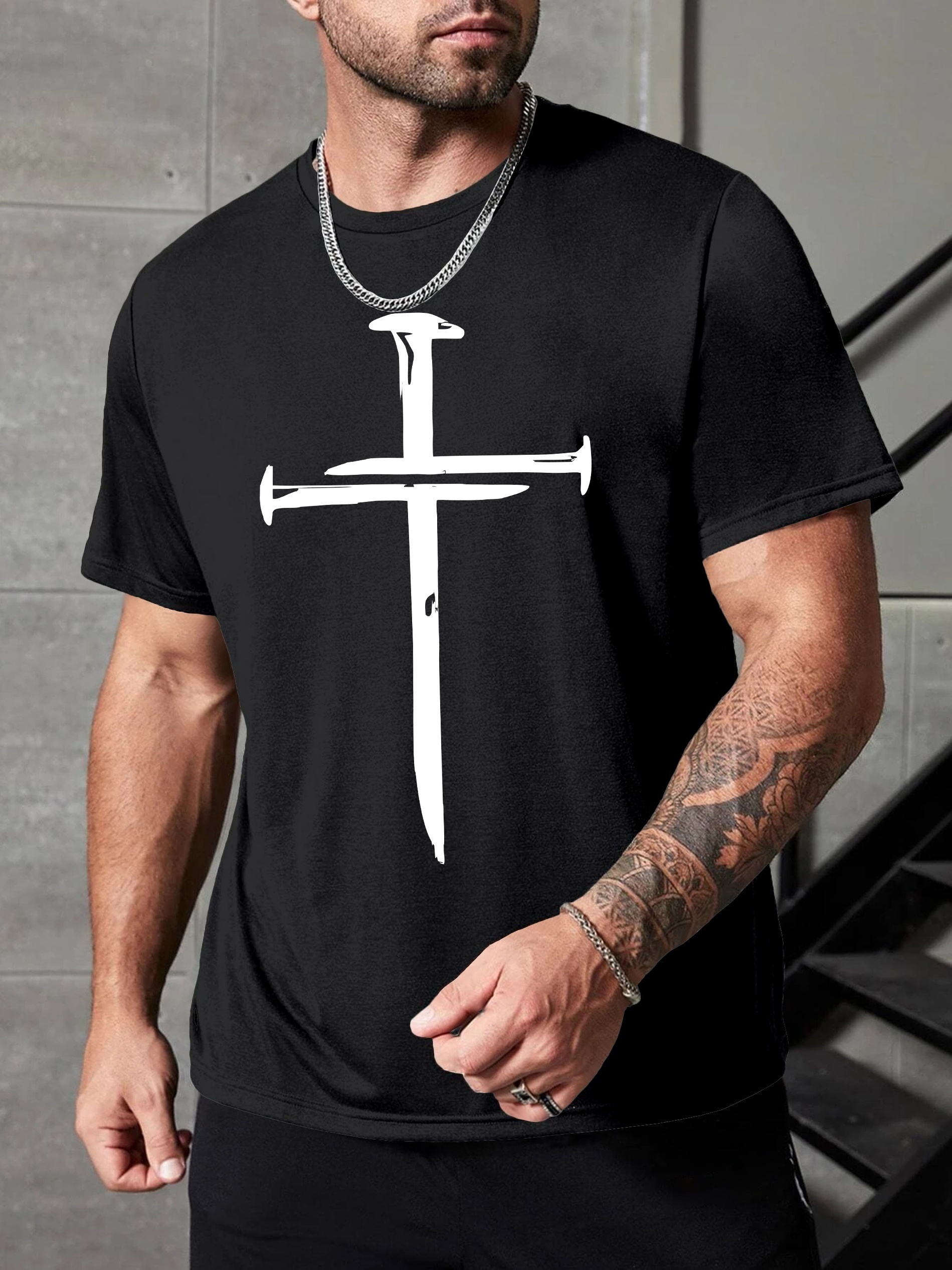 Men's Casual Crew Neck T-Shirt with Unique Cross Print, 100% Polyester Knit Fabric, Medium Stretch, All-Season Short Sleeve Tee, Regular Fit - 180gsm, Plus Size