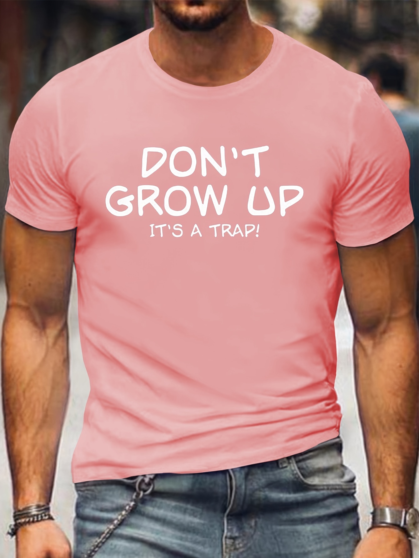 Plus Size Men's 'Don't Grow Up' Slogan T-Shirt - Casual Crew Neck, Short Sleeve, 100% Polyester, Machine Washable - Black with Bold White Lettering for Spring/Summer/Fall, PLUS SIZE