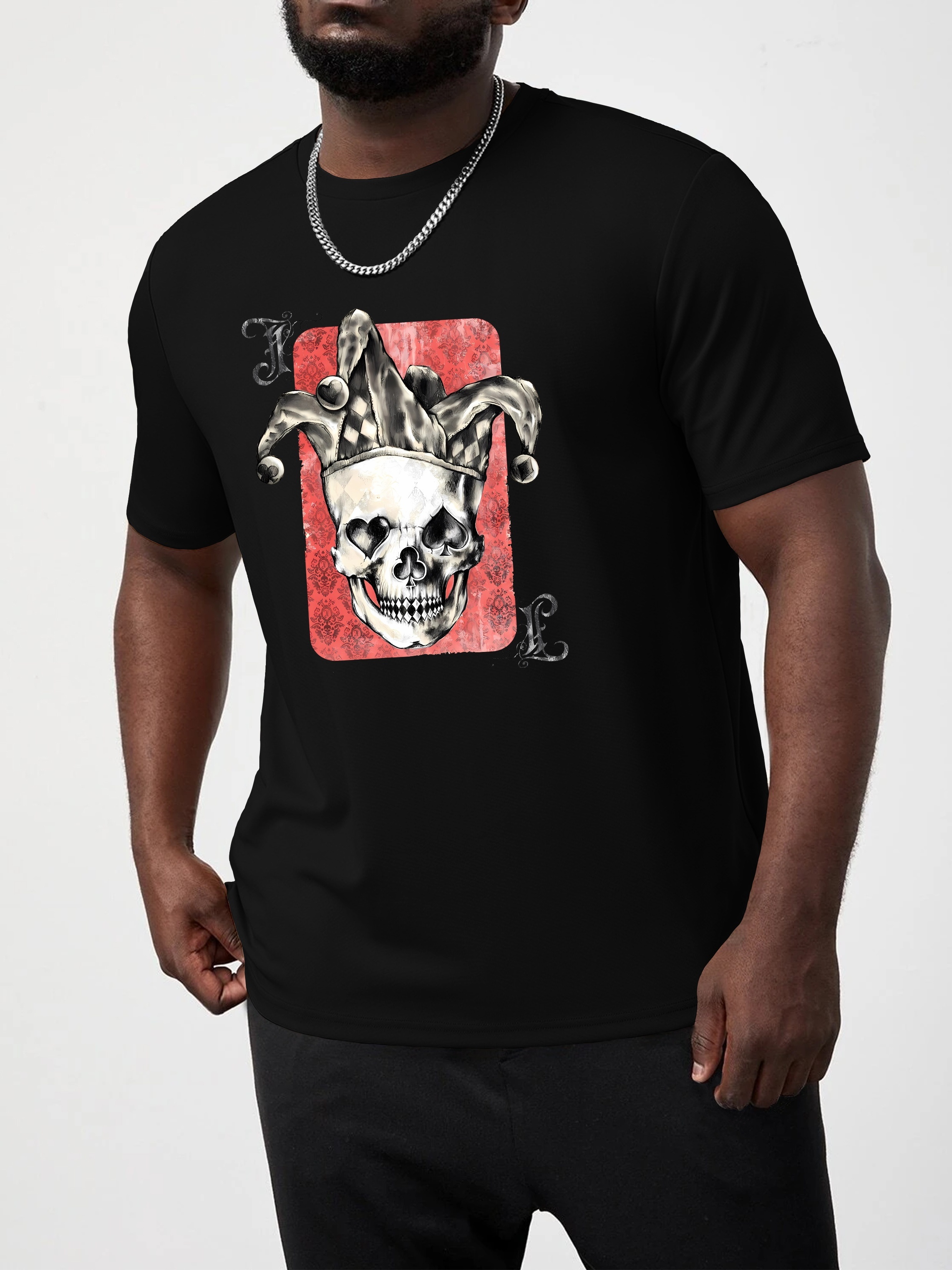 Men's Plus Size King of Hearts Jester Card T-Shirt - Black & Red Gothic Skull & Jester Hat Print, Streetwear Short Sleeve Round Neck Casual Tee for Spring Summer Fall, Joker-Inspired Outfit, PLUS SIZE