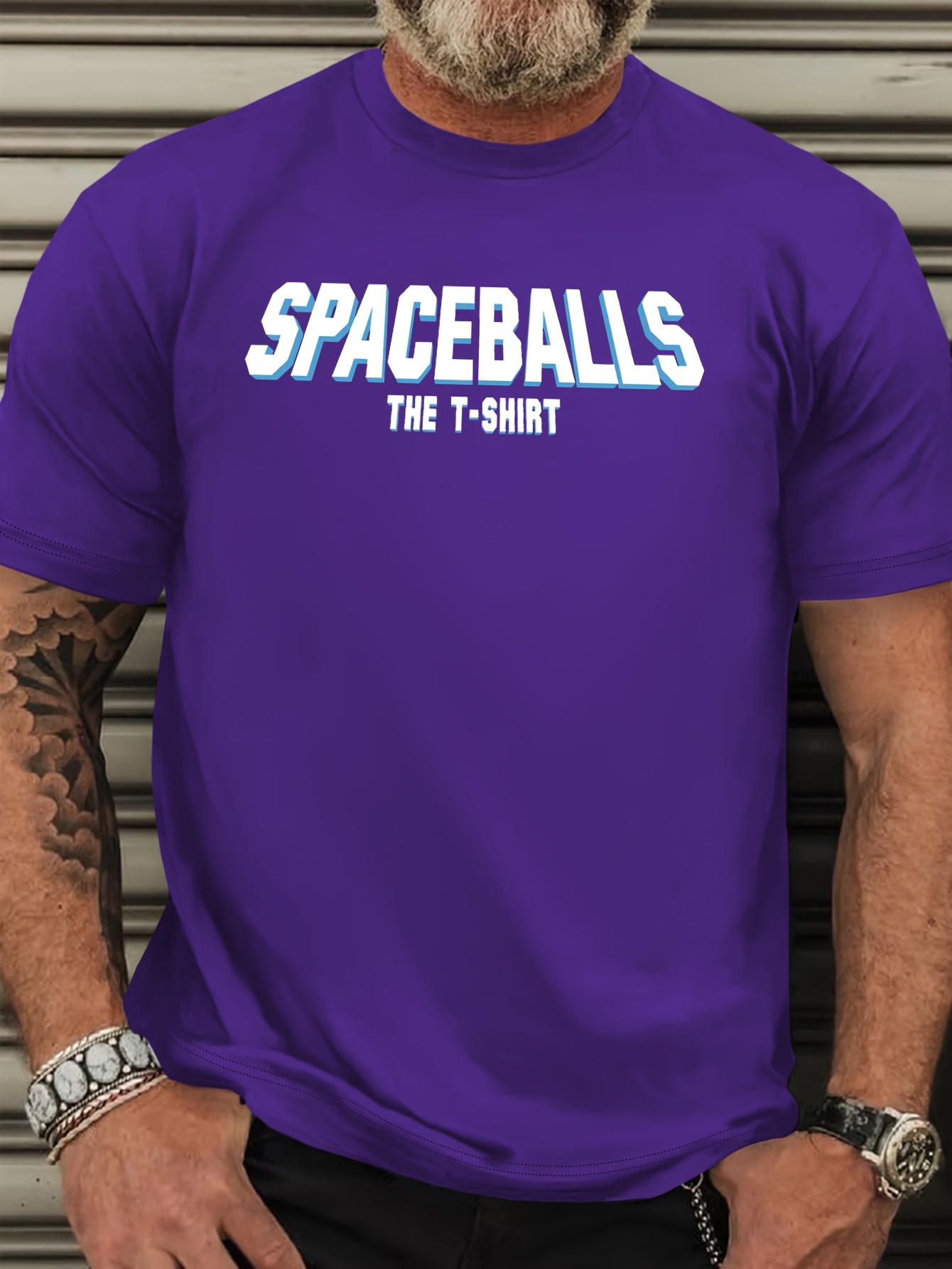 Men's Big & Tall Casual Streetwear T-Shirt - Vibrant Purple Spaceballs Graphic Tee with Bold Letter Print, 100% Polyester, Lightweight 180gsm, Machine Washable Summer Short Sleeve Round Neck Top, PLUS SIZE