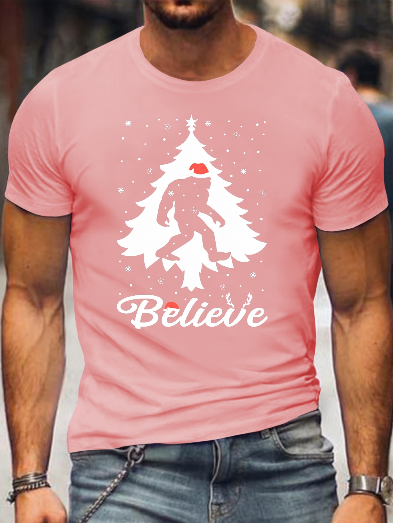 Men's Christmas Tree & Santa Slogan T-Shirt - Plus Size - Polyester Crew Neck Short Sleeve Casual Tee with Slight Stretch - Spring/Summer/Fall Knit Fabric Top - For Men - Perfect Gift for Christmas