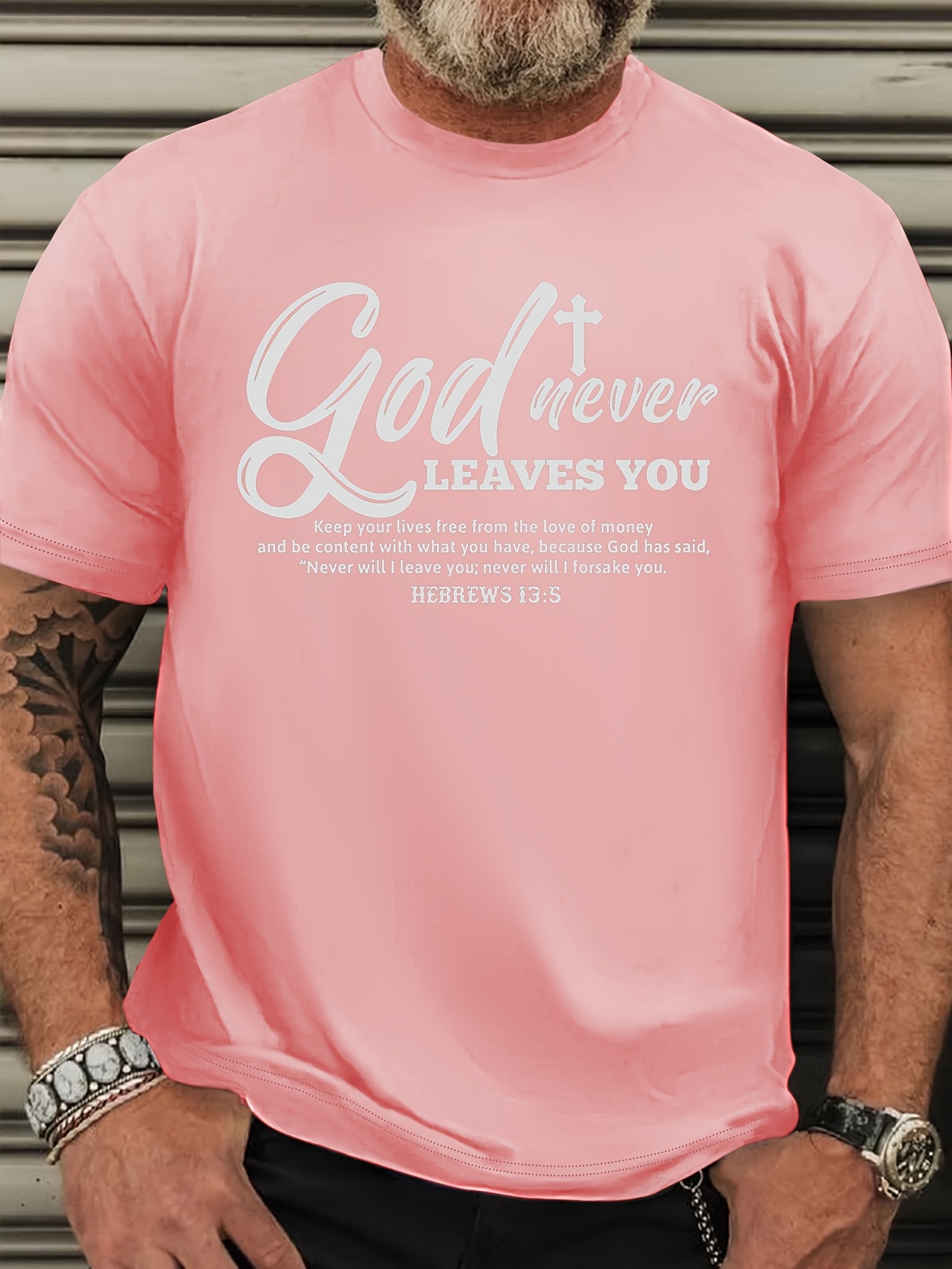Plus Size Men's Inspirational T-Shirt, Casual Crew Neck, Polyester Knit Fabric with Slight Stretch, Summer Regular Fit, with 'God Never Leaves You' Script, for Adult Tee