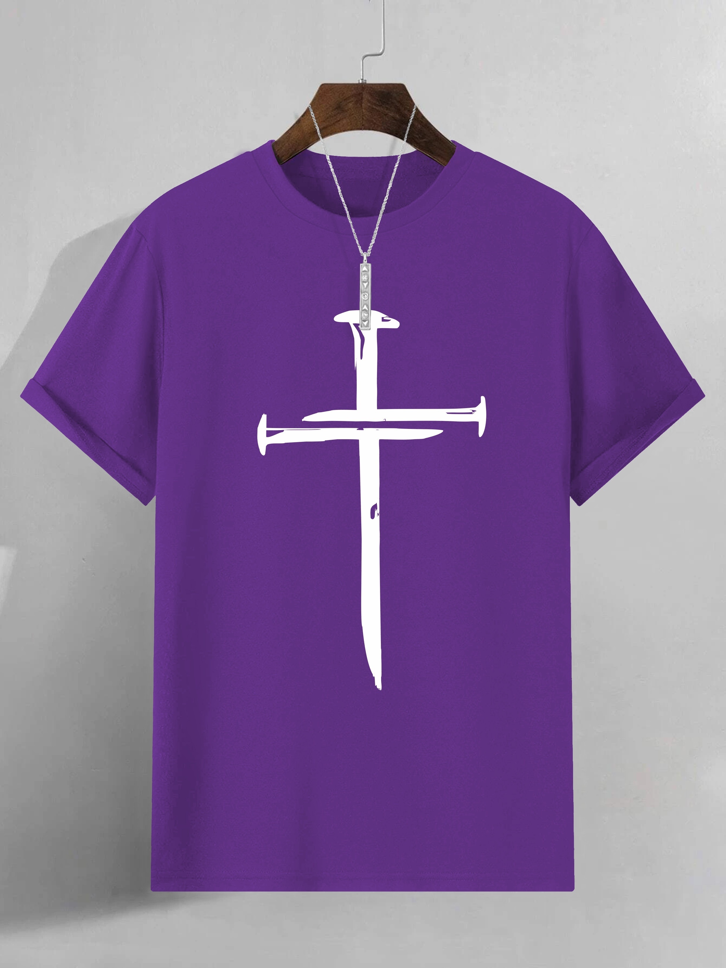 Men's Casual Crew Neck T-Shirt with Unique Cross Print, 100% Polyester Knit Fabric, Medium Stretch, All-Season Short Sleeve Tee, Regular Fit - 180gsm, Plus Size